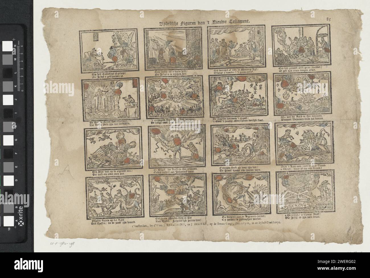 Bybelsche Figures of 't New Testament, 1767 - 1778 stampa Leaf con 16 rappresentazioni di storie del nuovo Testamento. Sotto ogni immagine un verso bidirezionale. Numerato in alto a destra: 85. Stampa su carta con stampa su carta New Testament Foto Stock