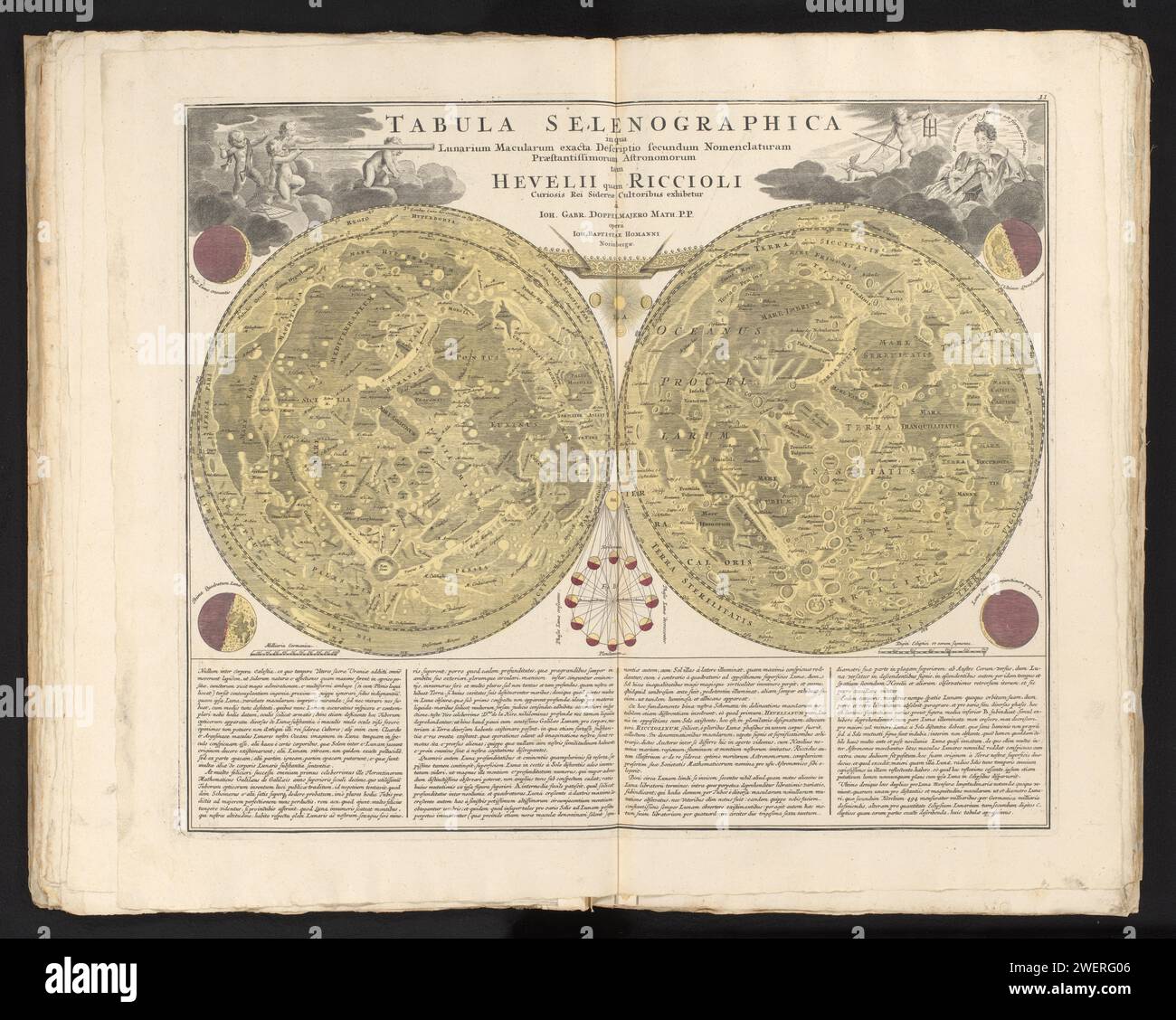 Mappa della Luna, anonima, in onore di Johann Gabriel Doppelmoyr, stampa del 1742 numerata in alto a destra: 11. incisione su carta/incisione a luna piena. mappe, atlanti. (Storia di) Diana (Artemide). telescopio Foto Stock