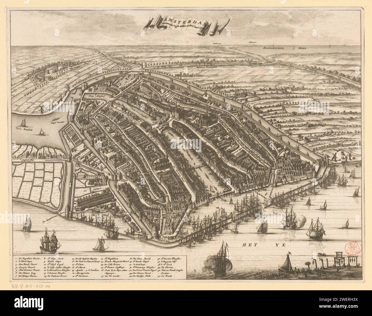 Mappa di Amsterdam, 1500, Anonimo, dopo Cornelis Anthonisz., 1693 - 1726 Stampa Mappa di Amsterdam come sarebbe stata nel 1500, in una prospettiva breve. Un banderolo con il titolo in alto al centro. In basso a sinistra la legenda 1-41. Orientamento: West Southwest Boven. Cartine di incisione/incisione cartacea delle città di Amsterdam Foto Stock Mappa di Amsterdam, 1500, Anonimo, dopo Cornelis Anthonisz., 1693 - 1726 Stampa Mappa di Amsterdam come sarebbe stata nel 1500, in una prospettiva breve. Un banderolo con il titolo in alto al centro. In basso a sinistra la legenda 1-41. Orientamento: West Southwest Boven. Cartine di incisione/incisione cartacea delle città di Amsterdam Foto Stock