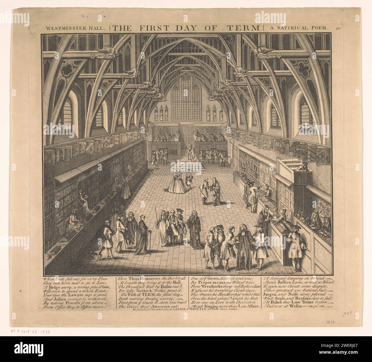 Interno della Westminster Hall di Londra, Charles Mosley, dopo Hubert Francois Gravelot, 1797 stampe interno della Westminster Hall con in cima al soffitto con travi a vista e a terra magistrati e visitatori. Lungo le pareti si trovano le bancarelle dei venditori di libri e stampe. Sotto l'immagine un 32 righe fresco in inglese. Numerato in alto a destra: 16*. Chiosco per libri con incisione di carta, Westminster Hall Foto Stock