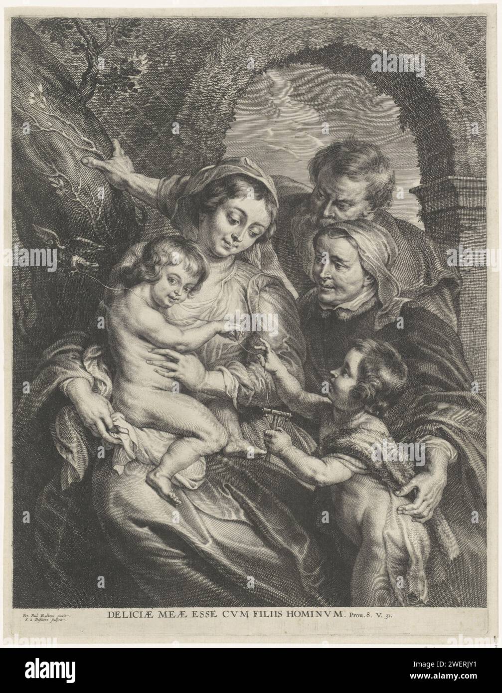 Saint-Family con Distelvink e Anna e John, Sheplet Adamsz. Bolswert, dopo Peter Paul Rubens, 1596 - 1659 stampa Maria è seduta in un giardino con il bambino di Cristo in grembo. I santi Giuseppe, Anna e Giovanni da bambino stanno con loro. Il bambino di Cristo tiene un fiocco di cardo su una corda, l'uccello gli viene presentato da Giovanni con un bastone con le bolle. Sotto la mostra c'è un Bibleers di SPR. 8:31 in latino. Incisione su carta Sacra famiglia e rappresentazioni derivate. song-birds: goldfinch Foto Stock