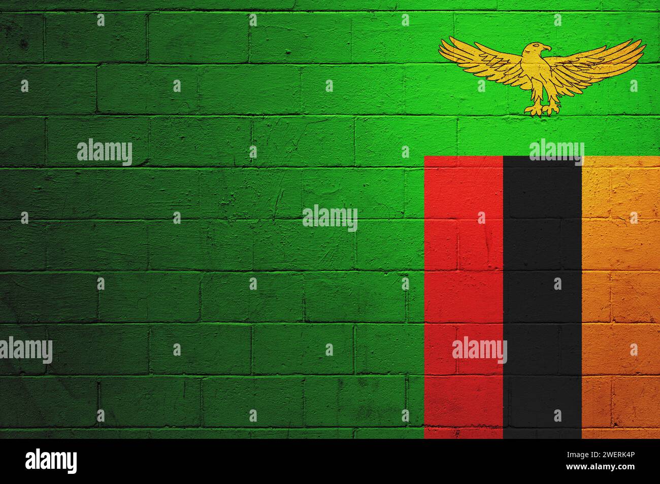 Bandiera dello Zambia dipinta su un muro di mattoni. Foto Stock
