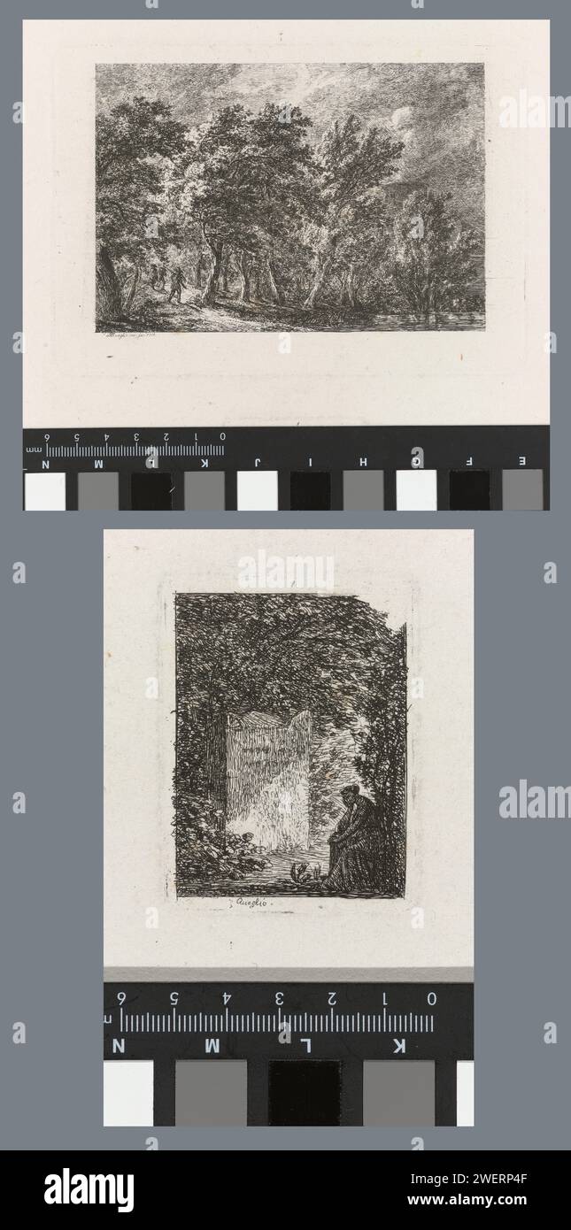 Paesaggio con cacciatori e rappresentazione di una donna in lutto in una tomba in un paesaggio, Domenico Quaglio, 1821 stampe di foresta di acquaforte, legno (+ paesaggio con figure, personale) Foto Stock