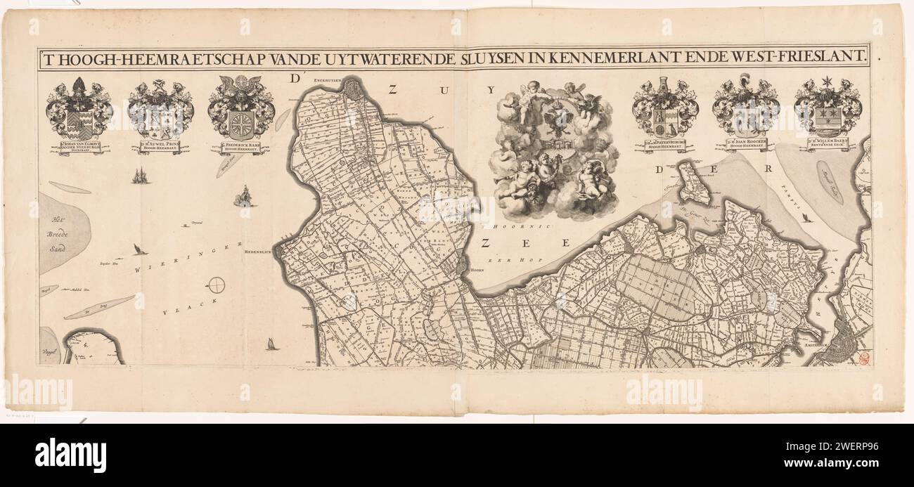 Mappa di Kennemerland e Friesland occidentale (parte superiore), Coenraet Decker, 1680 stampa parte superiore di una mappa di Kennemerland e Friesland occidentale. mappe cartacee per incisioni di paesi o regioni diversi. Stemma (simbolo dello stato, ecc.) Kennemerland. Friesland occidentale. Olanda settentrionale Foto Stock