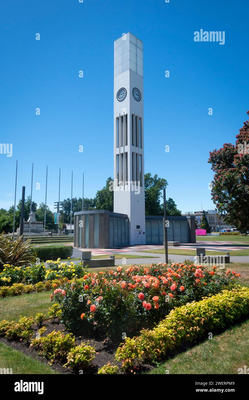 Clock Tower, The Square, Palmerston North, Manawatu, North Island, nuova Zelanda Foto Stock