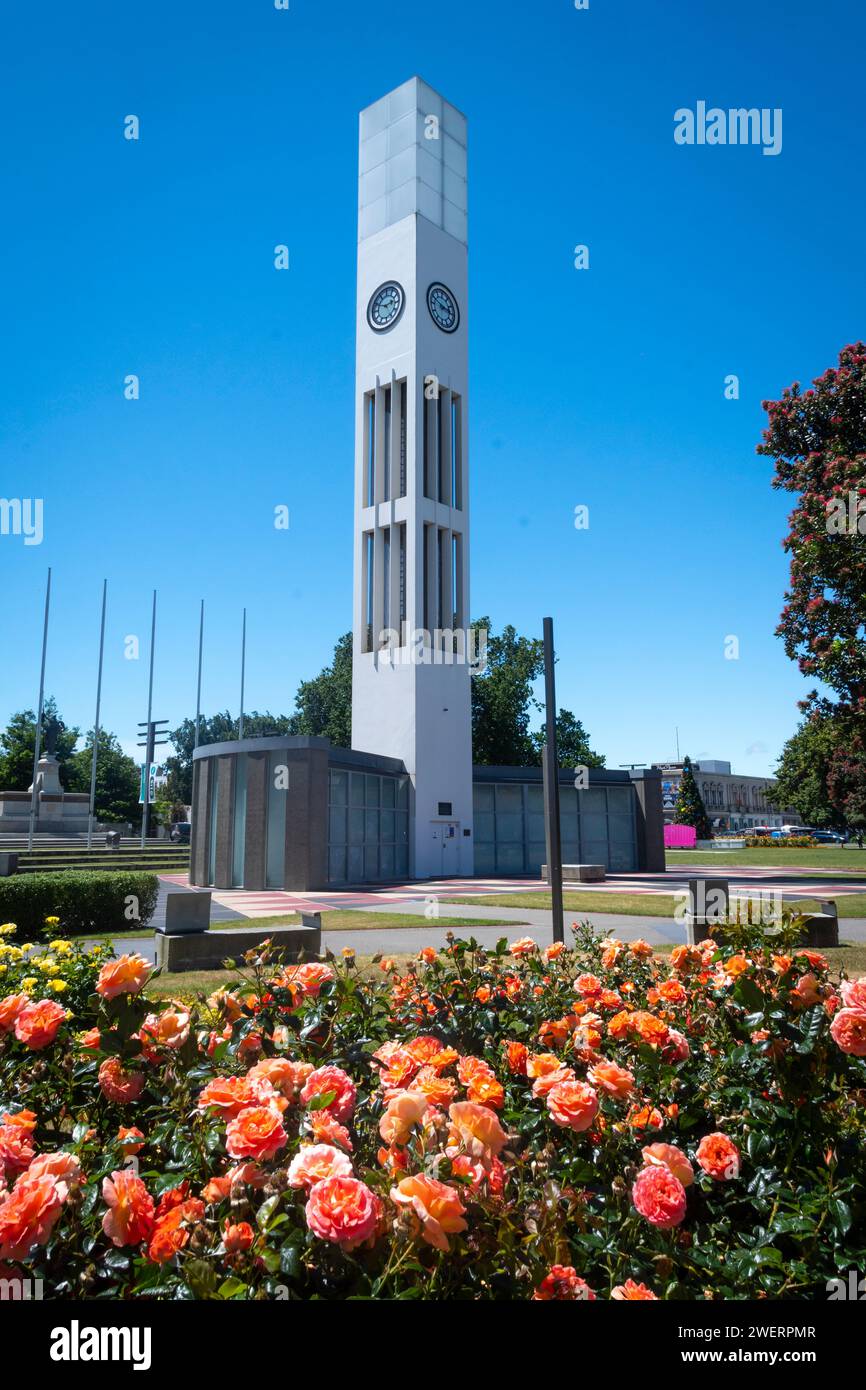 Clock Tower, The Square, Palmerston North, Manawatu, North Island, nuova Zelanda Foto Stock
