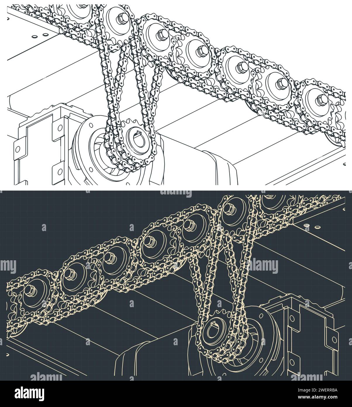 Illustrazioni vettoriali stilizzate della struttura del trasportatore a rulli con trasmissione a catena Illustrazione Vettoriale