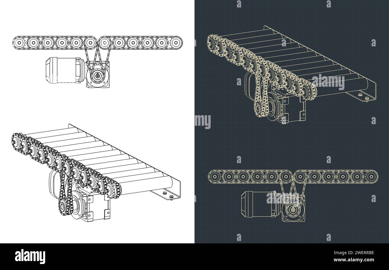 Illustrazioni vettoriali stilizzate di progetti di trasportatori a rulli con trasmissione a catena Illustrazione Vettoriale