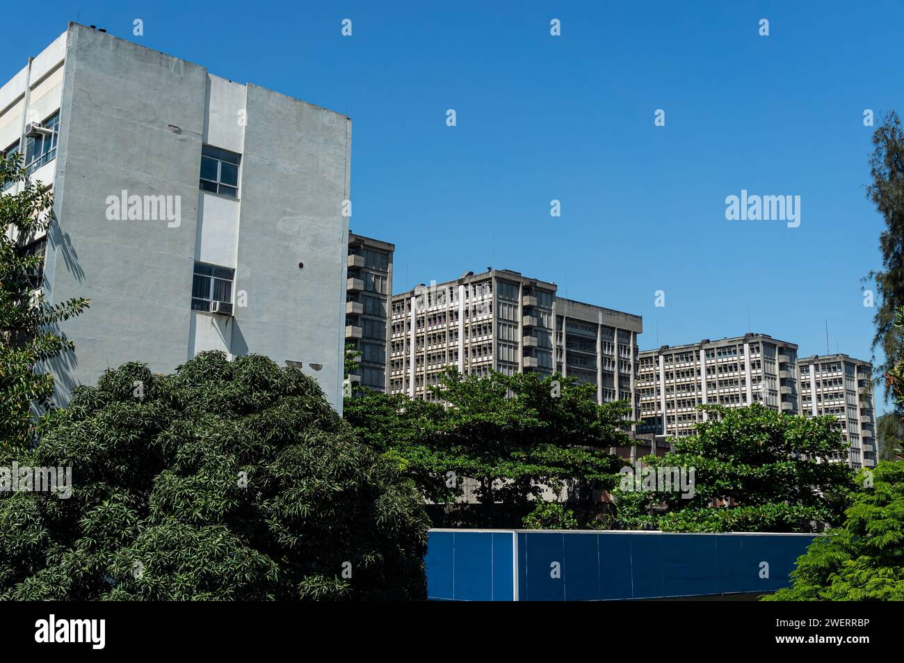 Vista parziale degli edifici dell'Università statale di Rio de Janeiro (UERJ) con alti alberi con vegetazione verde nelle vicinanze sotto il cielo blu del mattino estivo. Foto Stock