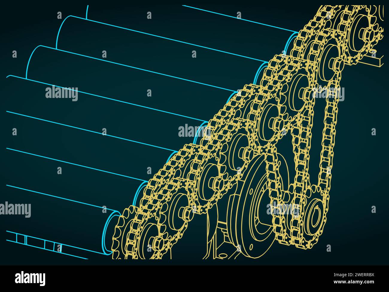 Illustrazioni vettoriali stilizzate della struttura del trasportatore a rulli con trasmissione a catena Illustrazione Vettoriale