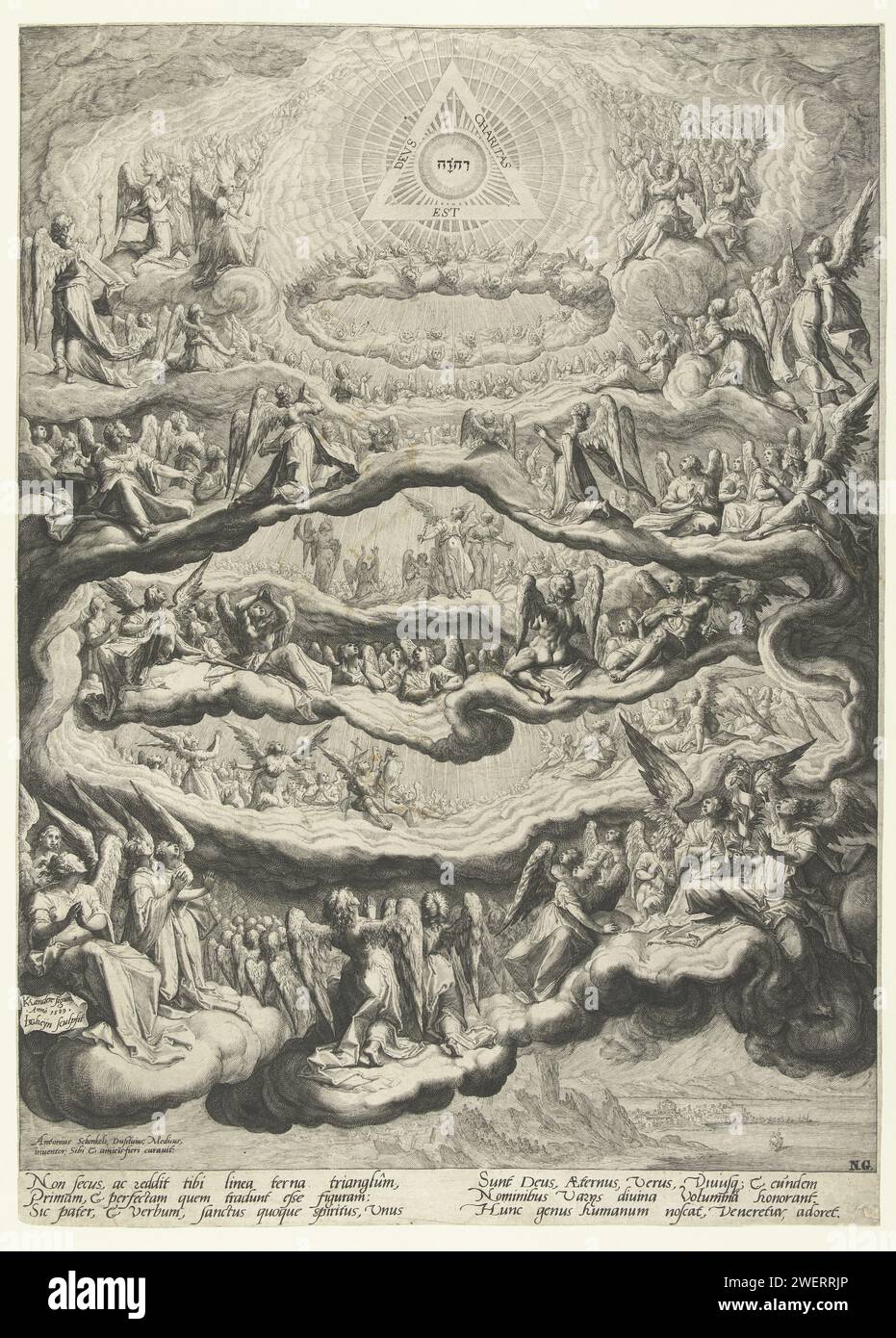 Il culto della Santissima Trinità da parte di cori celesti, 1589 stampano Una grande folla di angeli che adorano, seduti o in piedi sulle nuvole, il tetragramma in cima allo spettacolo. Le lettere ebraiche JHWH sono catturate in un triangolo, sul quale 'Devs Charitas Est', e circondate da una corona di jet. Nella parte inferiore destra del paesaggio costiero. Sei righe di testo latino sotto la performance. Triangolo per incisione su carta (all'interno del cerchio), con occhio o tetragramma  Trinità. angeli in adorazione. mare (seascape) Foto Stock