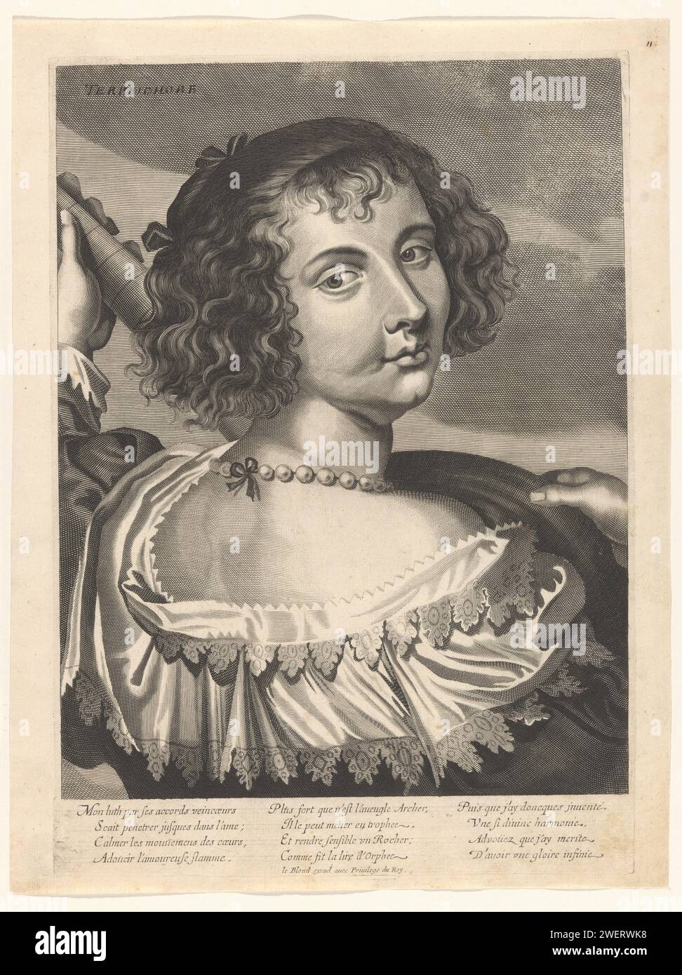 Terpsichore, Jean Leblond (i), Jean Leblond (i), c. 1630 - c. 1635 stampa Terpsichore è presentato in costume alla moda con catena di perle e suona su un liuto. È raffigurata come una figura posteriore che si rivolge allo spettatore. Incisione di carta Terpsichore (una delle Muse); Terpsicore (Ripa). una persona che suona uno strumento a corda (pizzicato). liuto, e forme speciali di liuto, ad esempio: teorbo Foto Stock