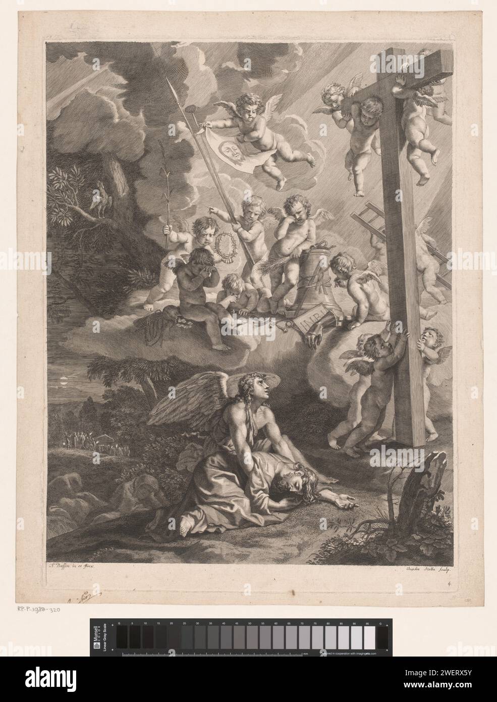 Cristo sul Monte degli Ulivi, Claudine Stella, in onore di Nicolas Poussin, 1646 - 1697 carta stampata incisione / incisione agonia di Cristo: Per confortarlo uno o più angeli appaiono a Cristo con calice e/o croce Foto Stock