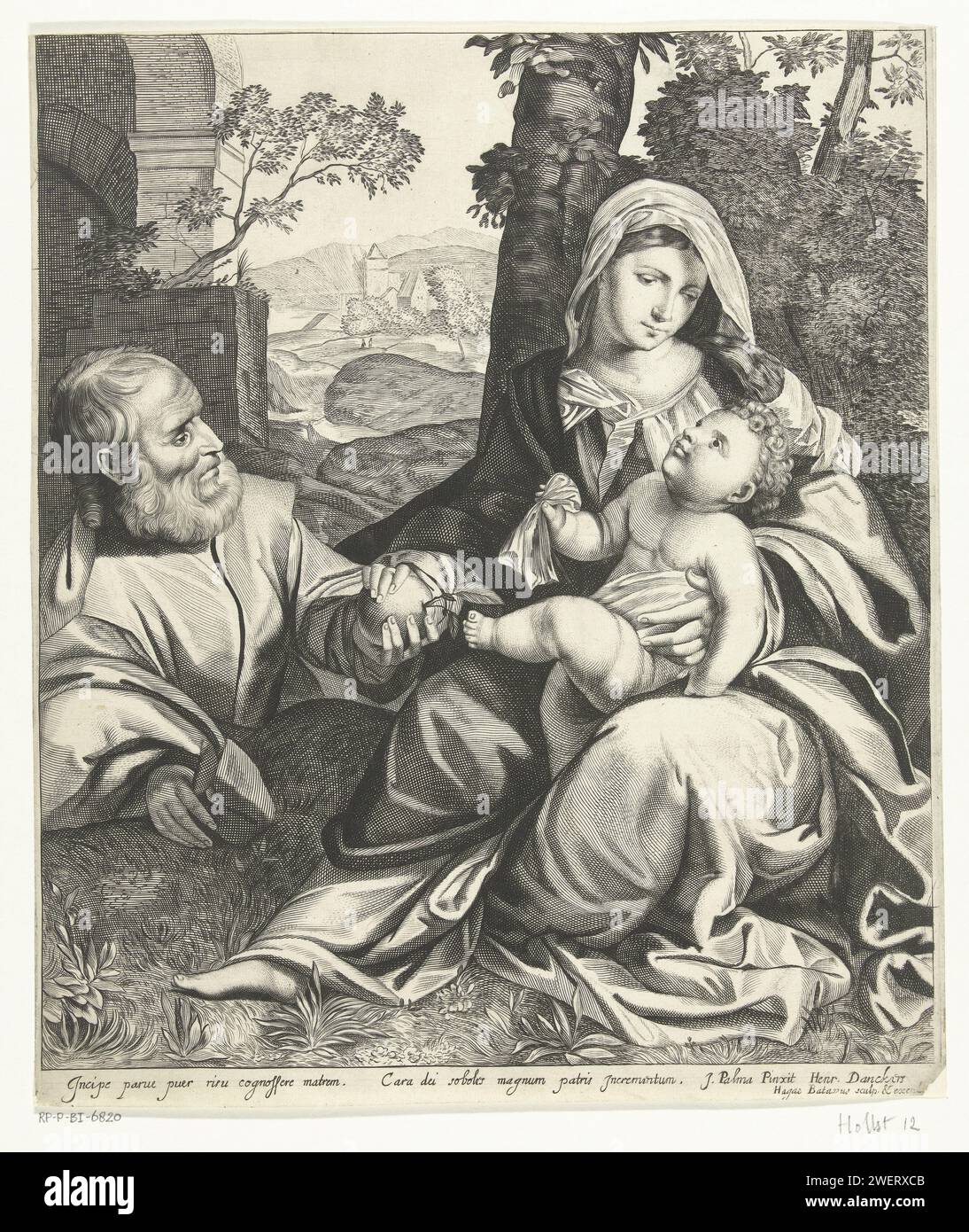 Riposati durante la fuga in Egitto, Hendrick Danckerts, dopo Jacopo Palma (il Vecchio), 1635 - 1679 copie di riposo durante il volo per l'Egitto. Maria seduta sul pavimento agli alberi con un bambino in braccio. Jozef offre frutta, forse un'arancia. Nel testo latino. Incisione su carta Sacra famiglia e rappresentazioni derivate Foto Stock