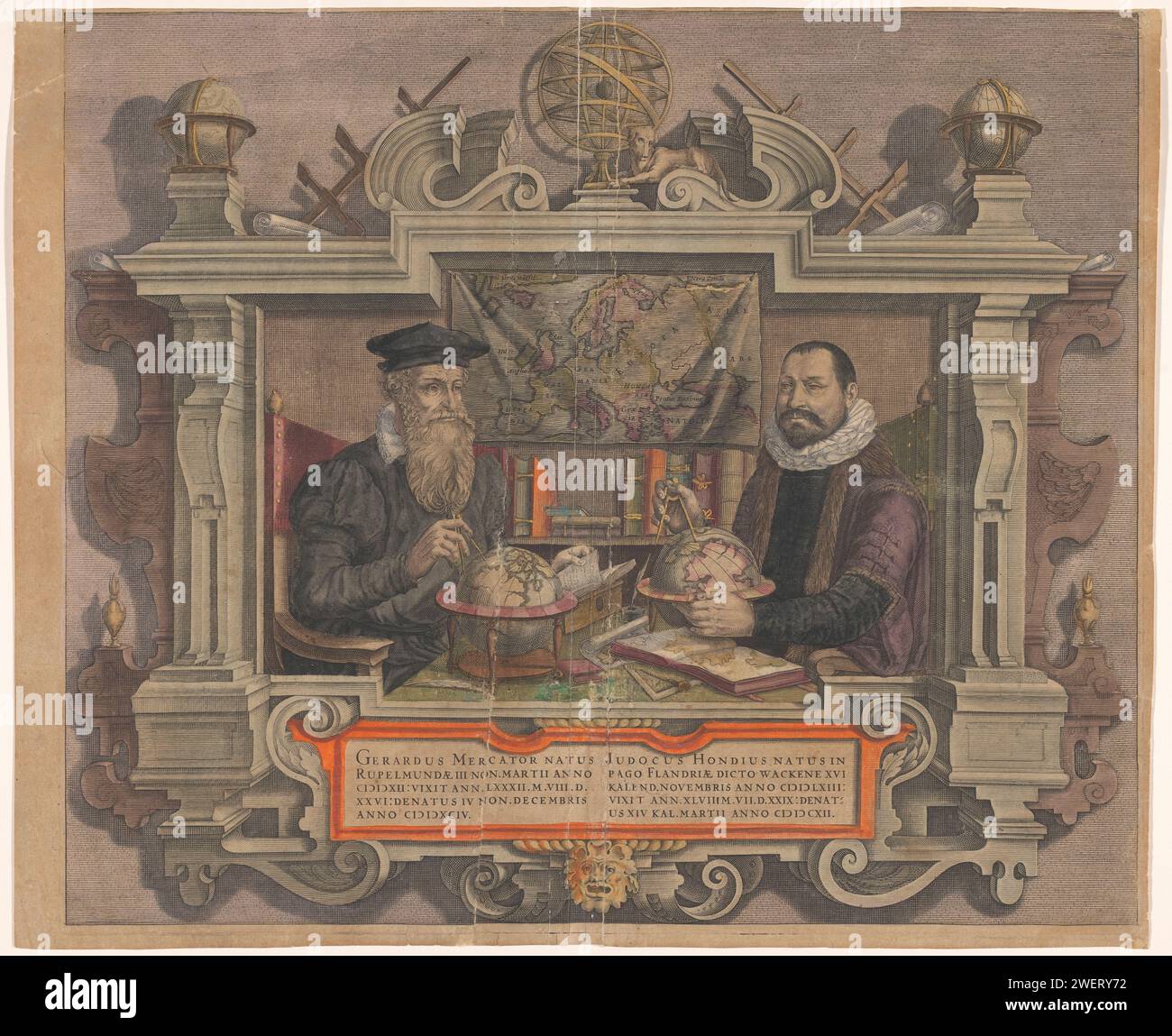 Ritratto di Jodocus Hondius e Gerard Mercator, Hendrick Hondius (Rejected Attribution), 1613 stampa gli studiosi e i cartografi Gerard Mercator (1512-1594) e Jodocus Hondius (1563-1612) sono mostrati insieme nel mezzo dei loro strumenti che hanno a che fare con la loro professione. Entrambi hanno creato mappe e globi del cielo e del mondo e costruito strumenti astronomici. carta. incisione/stampa di caratteri storici. mappe, atlanti. globo. star-globe. scienza e tecnologia (+ ritratto di studioso, scienziato) Foto Stock