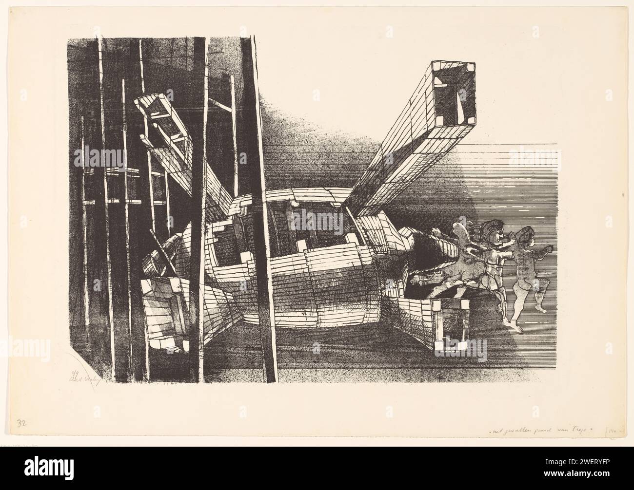 The Fallen Horse Van Troje, AAT Verhoog, 1952 - 2005 stampa rappresentazione surrealistica con figure antropomorfe che fluttuano sotto un cavallo di legno, vista dal basso. carta. Stampa inchiostro del cavallo di Troia Foto Stock