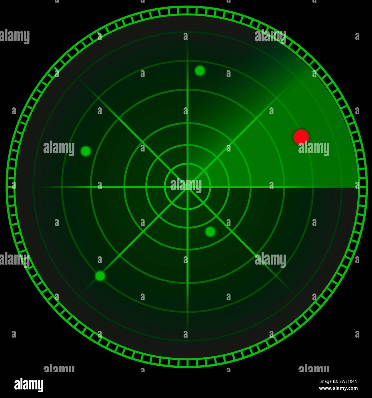 Oggetto volante non identificato. Schermata del radar che mostra un punto rosso tra quelli verdi, illustrazione Foto Stock