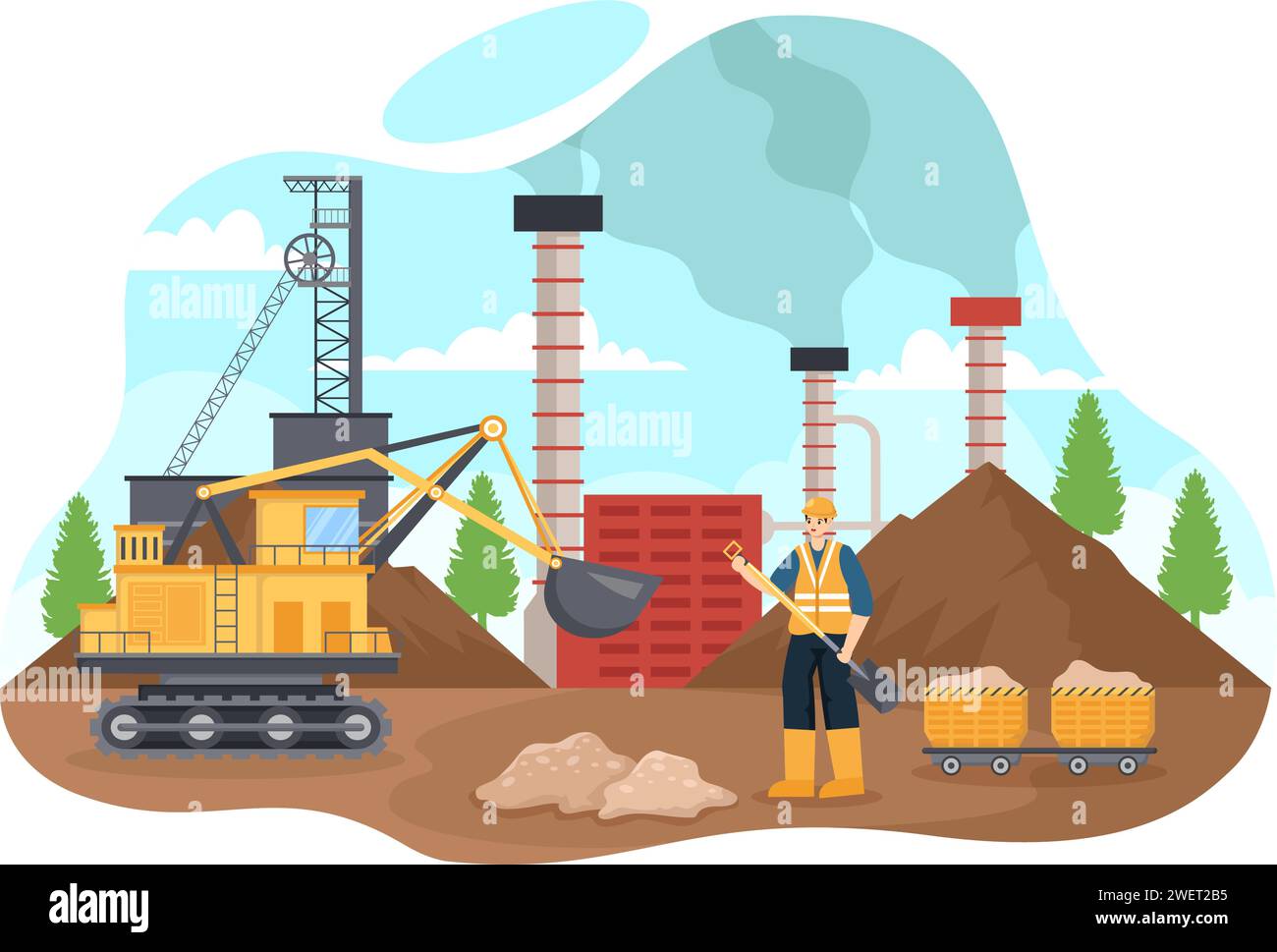 Illustrazione vettoriale delle società minerarie con dumper gialli pesanti per processi industriali di sabbie e miniere o trasporti su sfondo piatto di cartone Illustrazione Vettoriale