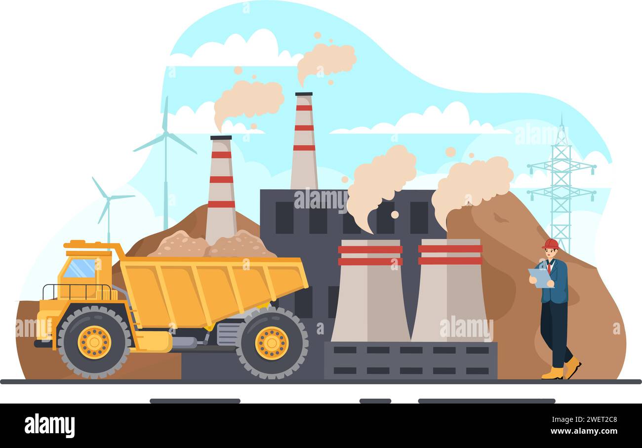 Illustrazione vettoriale delle società minerarie con dumper gialli pesanti per processi industriali di sabbie e miniere o trasporti su sfondo piatto di cartone Illustrazione Vettoriale