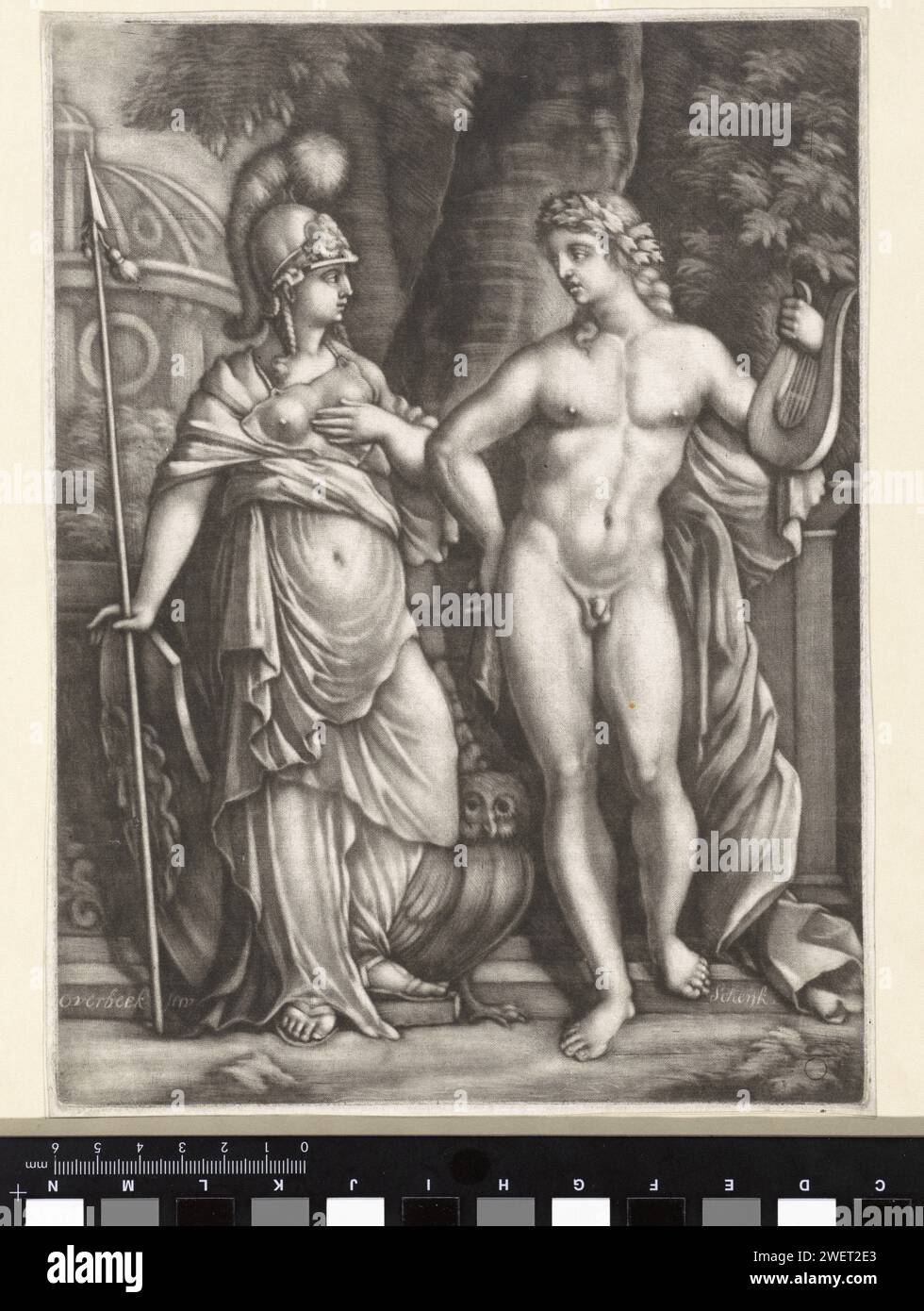 Minerva e Apollo, Pieter Schenk (i), dopo Bonaventura van Overbeek, 1684 - 1713 carta stampata (storia di) Apollo (Phoebus). (Storia di) Minerva (Pallas, Atena). Attributi di Minerva Foto Stock