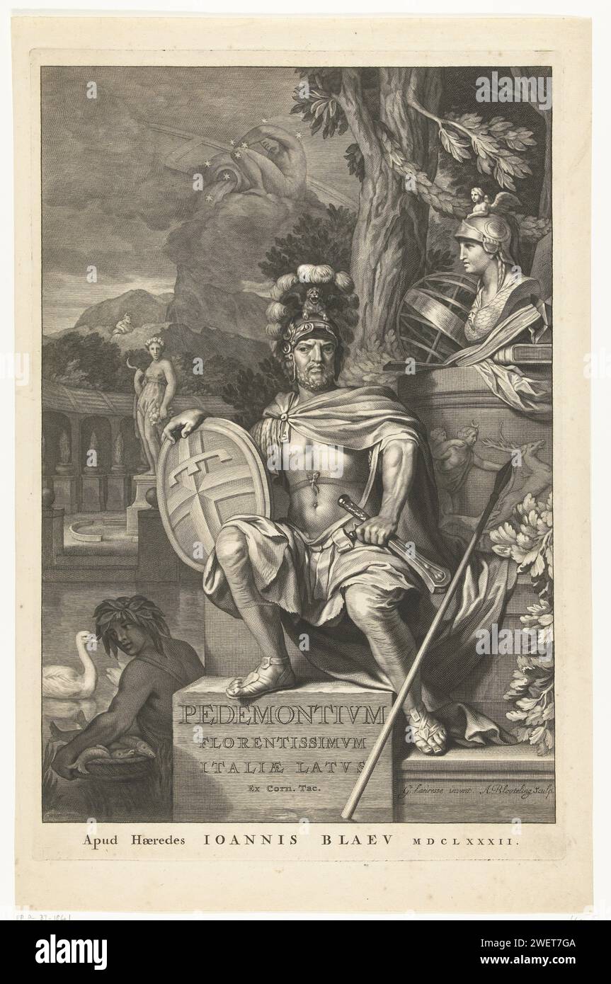 Marzo, Abraham Bloteling, dopo Gerard de Lairese, 1682 stampa il dio marte con scudo, casco e spada, siede su un piedistallo in un giardino. Accanto a lui ci sono tutti i tipi di simboli dell'arte e della scienza. Lungo l'acqua c'è un dio del fiume con un cesto con pesci. Dall'altra parte dell'acqua c'è un'immagine della dea del raccolto di Demeter. Un toro può essere visto sulle montagne sullo sfondo. Nel cielo, la costellazione del Waterman. Incisione su carta (storia di) Marte (Ares). Acquario (segno zodiacale di gennaio). (Storia di) Cerere (Demetra). river-gods Foto Stock