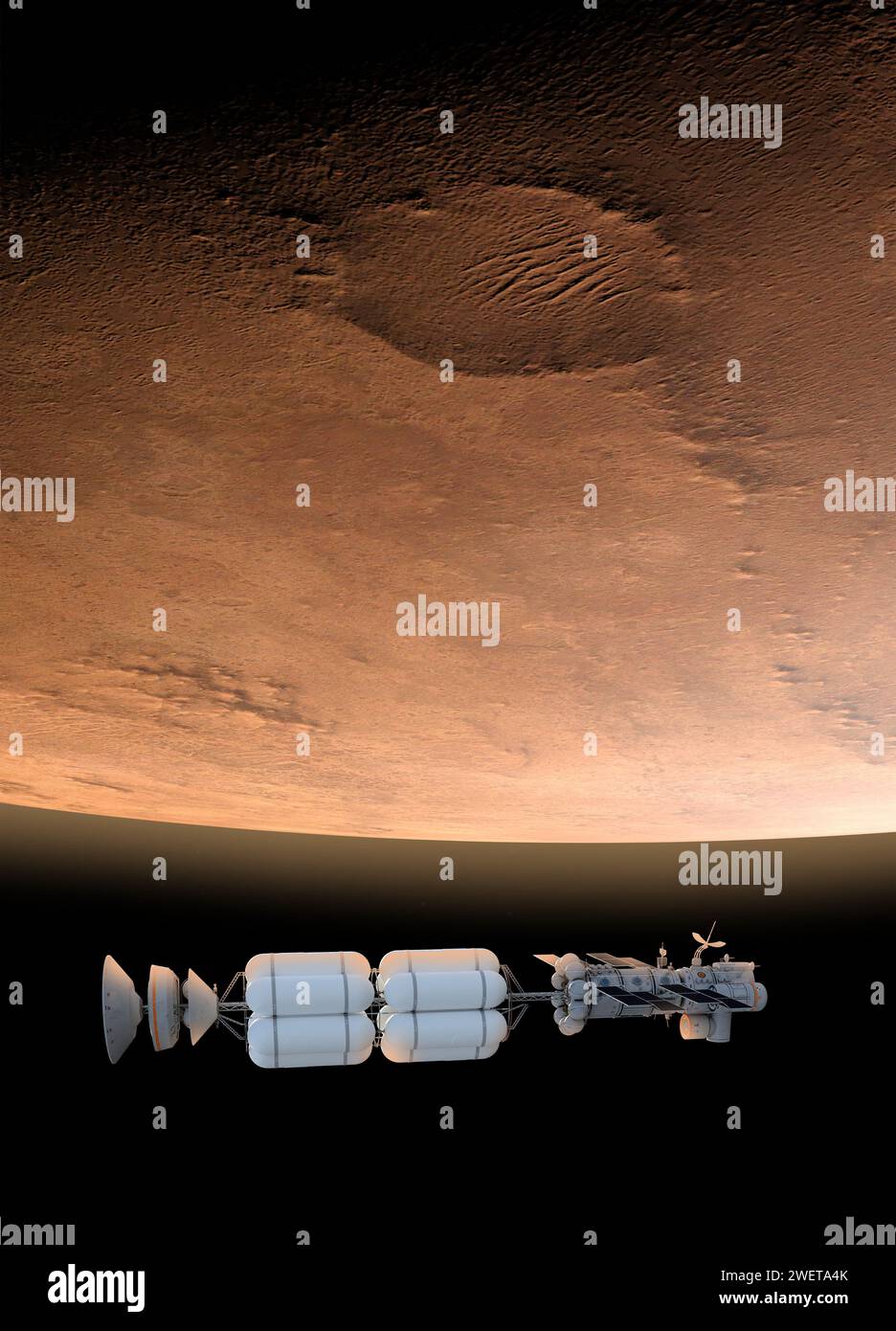 L'astronave Fusion drive arriva nell'orbita di Marte, illustrazione. Questo è un progetto teorico per un razzo guidato da propulsione a fusione che potrebbe fornire Foto Stock