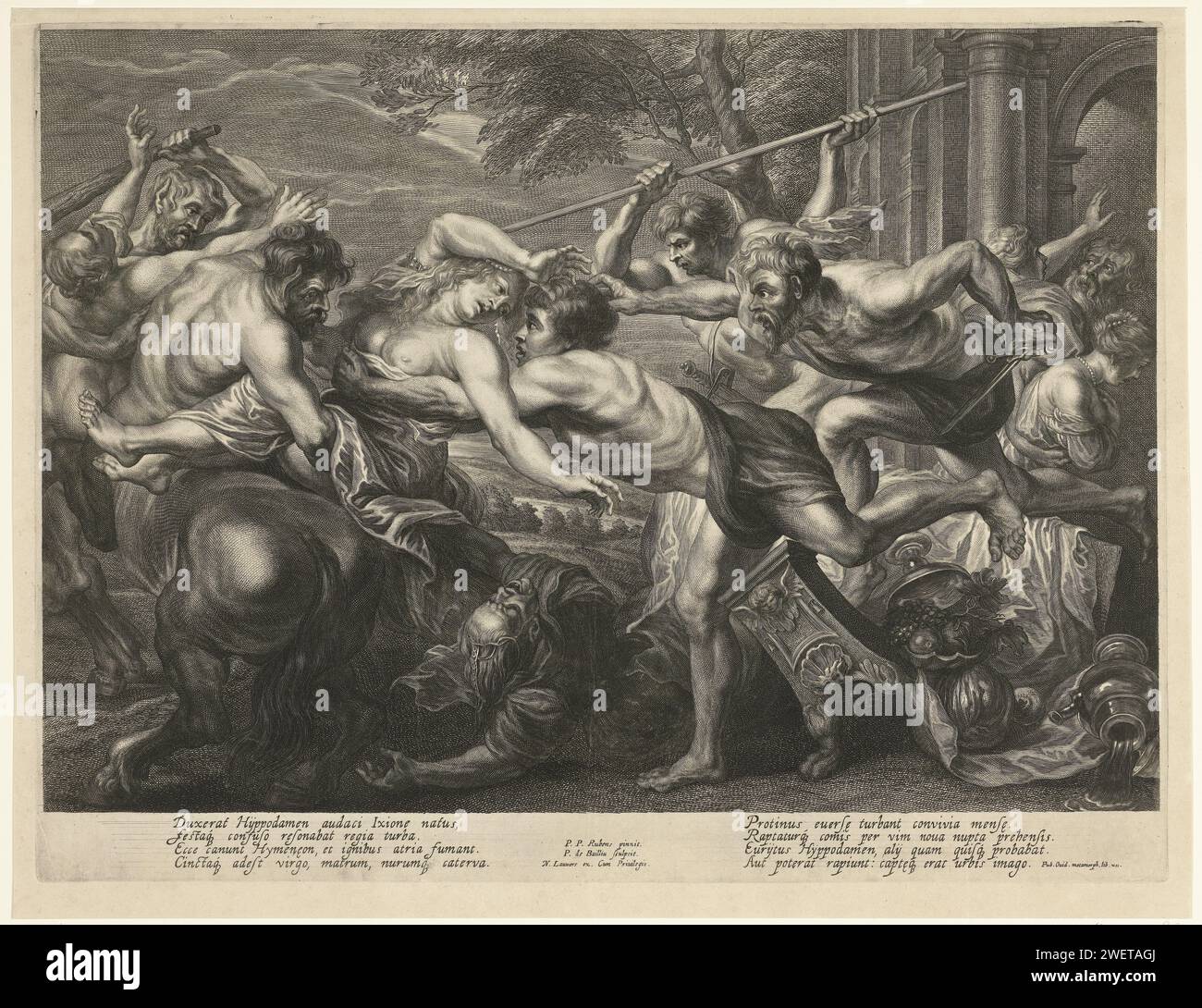 Centaur Eurytus rapisce Ippodamea, Pieter de Bailliu (i), dopo Peter Paul Rubens, 1623 - 1660 stampa Lapithen con armi cerca di salvare Ippodamea da un rapimento da parte di Centaur Eurytus. Il testo latino sotto la performance descrive la scena. L'incisione del centauro Eurytion cerca di portare via Ippodamia, la sposa Foto Stock