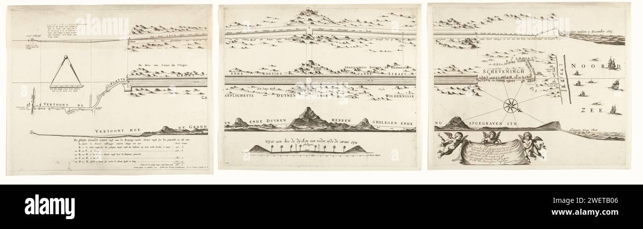 Mappa della costruzione della strada da l'Aia a Scheveningen, 1664-1665 (composta da tre parti), Frederik de WIT, 1667 - 1713 Stampa Mappa della costruzione della strada dell'Aia attraverso le dune fino alla spiaggia vicino a Scheveningen, 1664-1665. Questa strada, oggi conosciuta come Scheveningseweg, fu progettata da Constantijn Huygens e completata nel 1665. In alto a sinistra un recipiente per misurare l'altezza: 40 piedi Rhijnlt. Sotto di esso un passante con una ciotola per misurare la lunghezza: Il passante capisce i Rhijnlants Sestigh Roede. In fondo al centro, una sezione trasversale della strada con un recipiente: Foto Stock