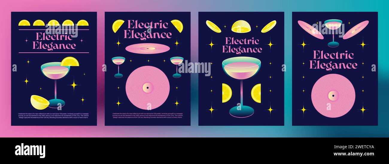Modello poster in stile retrò Y2K con cocktail in vetro, dischi in vinile e fette di limone in colore rosa brillante. layout estetico degli anni '2000 con bevanda Illustrazione Vettoriale