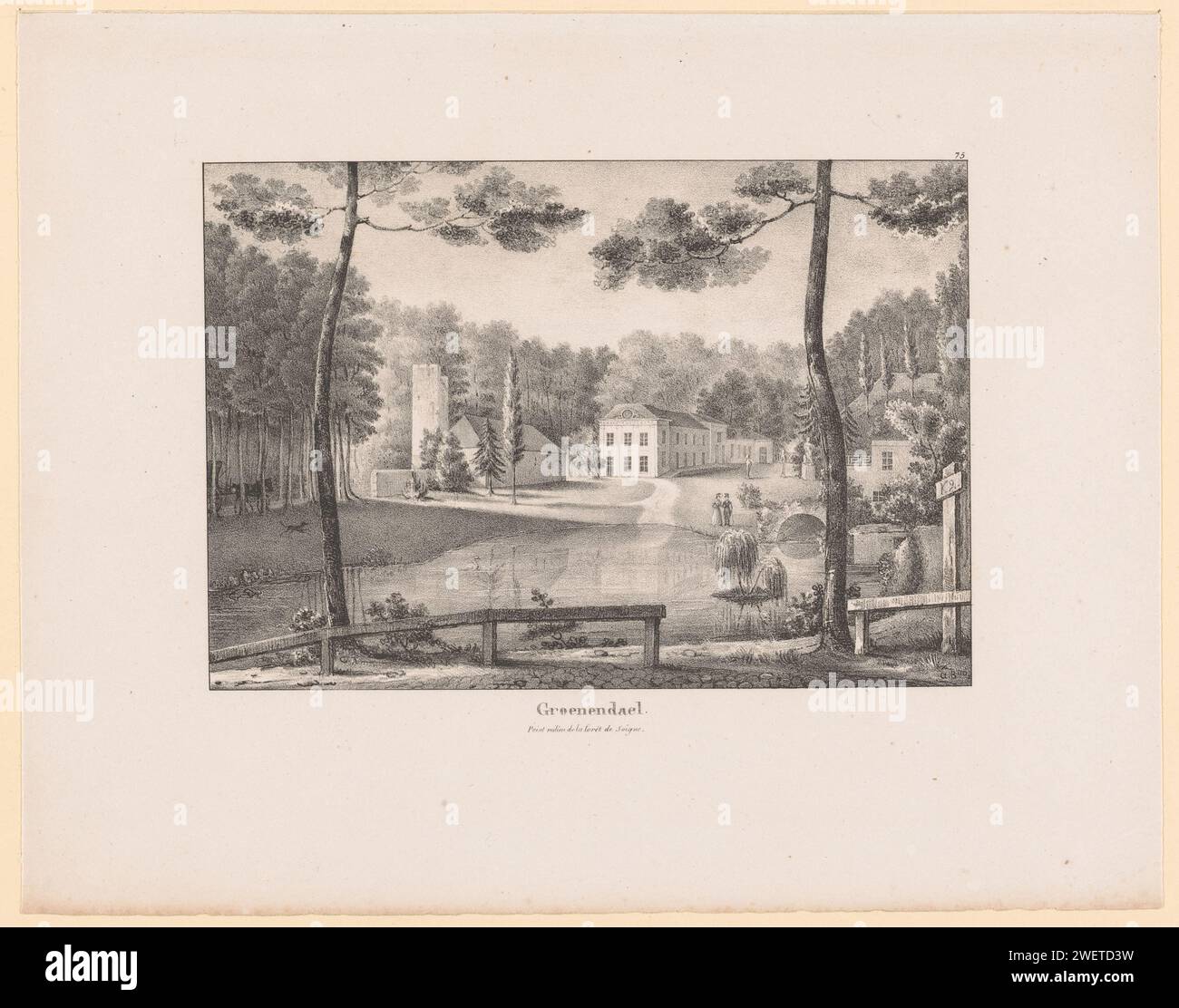 Vista del priorato di Groenendaal nella foresta di Sonian, anonimo, 1800 - 1899 carta stampata abbazia, monastero, convento  chiesa cattolica romana di Bruxelles Foto Stock