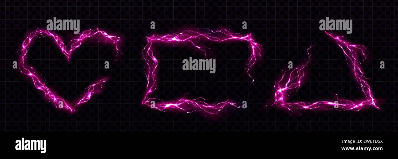 Cornici rosa realizzate con fulmini al neon. Set vettoriale realistico di bordi rettangolari, triangolari e a forma di cuore da tuoni. "Magic Electric ene" Illustrazione Vettoriale