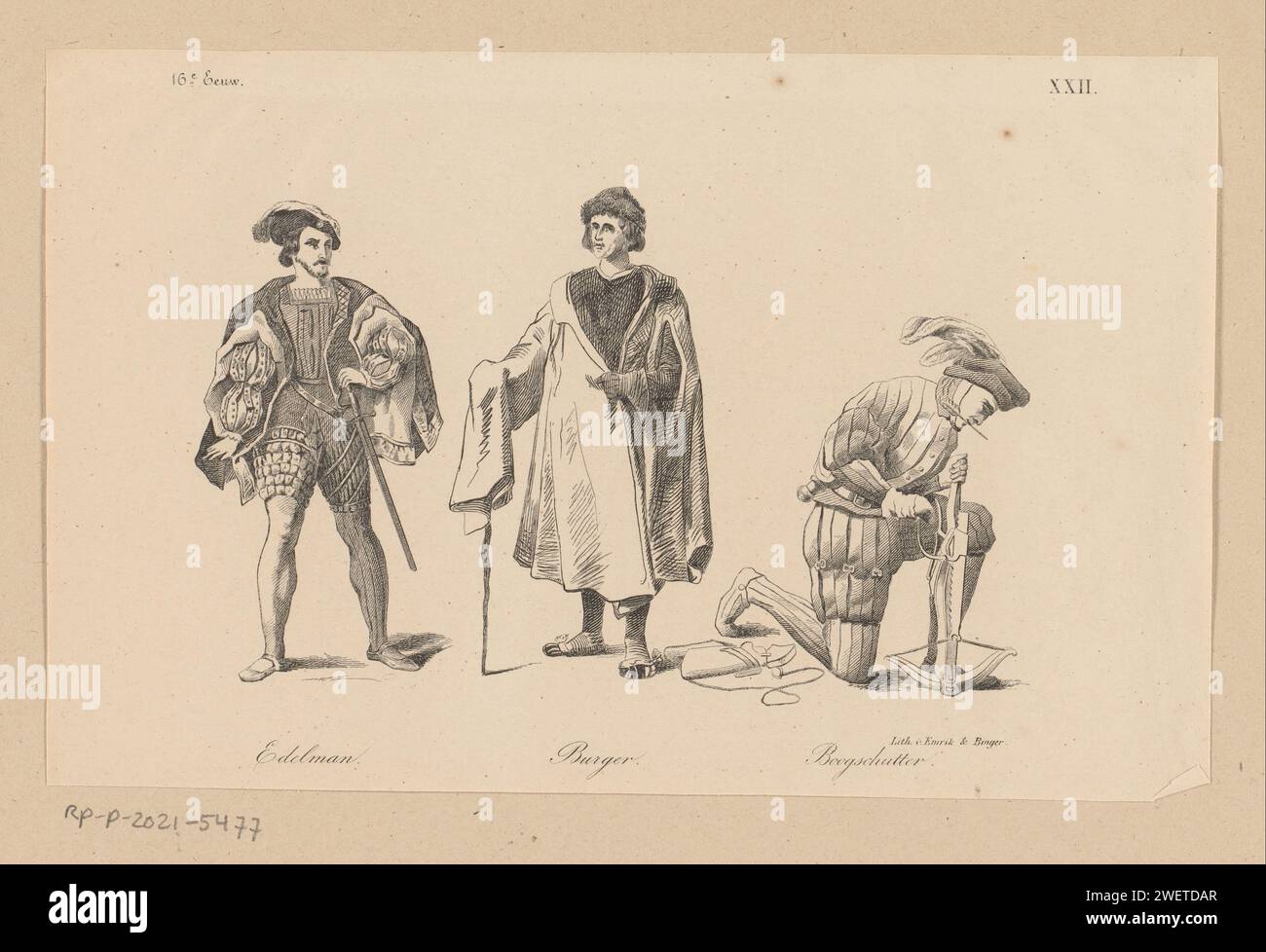 Edelman, hamburger e arciere in abbigliamento del XVI secolo, anonimo, 1857 stampe numerate in alto a destra: XXII. vestiti di carta, costume. le armi di archer Foto Stock