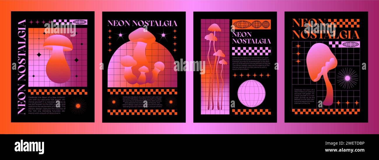 Modello poster in stile retrò Y2K con funghi ed elementi a griglia in colore nero e rosa acido gradiente brillante al neon. banner estetico streetwear anni '2000 Illustrazione Vettoriale