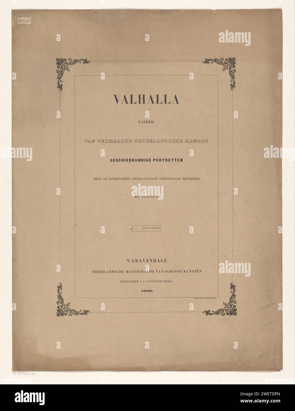 Copertina per: Galleria Valhalla di famosi uomini olandesi ritratti storici firmati dai principali artisti olandesi, Anonymous, 1840 stampati negli angoli di ornamenti con rose. fiori di carta: rosa Foto Stock