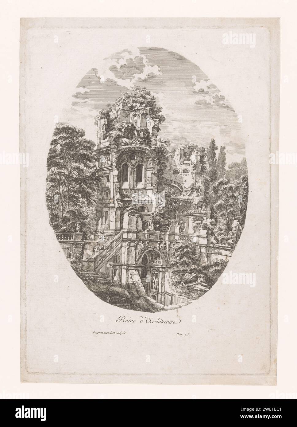Con le rovine, Louis Jean Desprez, 1771 carta stampata che incide il paesaggio con le rovine. rovina di un edificio  architettura Foto Stock