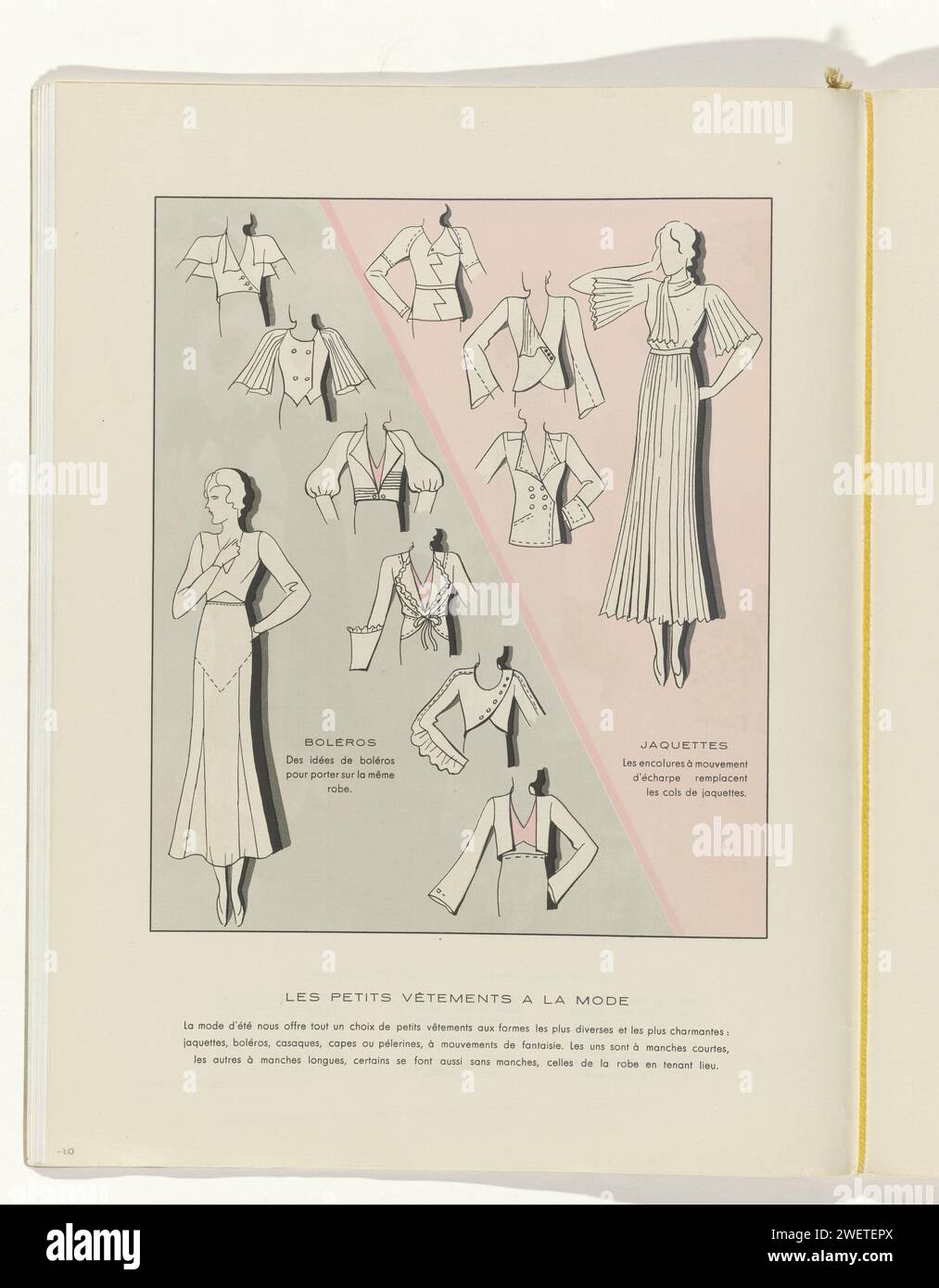 Art - Taste - Beauty, Female Elegance sheets, giugno 1932, No. 142, dodicesimo anno, P. 20, H. Rouit, 1932 rivista "Les petits vêtements a la mode". In basso a sinistra: Sei diversi bolero da indossare sullo stesso vestito. In alto a destra: Donna con un vestito con sciarpa a pieghe, maniche e gonna, oltre a tre diversi cappotti. Pagina della rivista di moda Art-Goût-Beauté (1920-1933). targhe di carta. Abbigliamento per la parte superiore del corpo (BOLERO) (+ abiti da donna). abito, abito (+ abiti da donna). cappotto (+ abiti da donna) Foto Stock