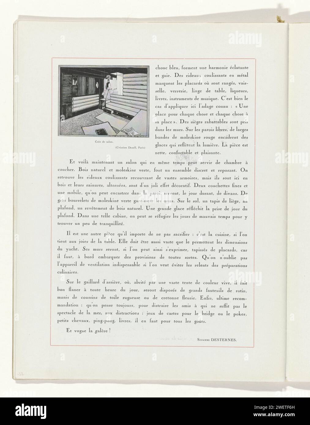 Art - Taste - Beauty, Female Elegance sheets, giugno 1932, No. 142, dodicesimo anno, P. 32, H. Rouit, rivista del 1932 ha continuato il testo 'l'Aménbeheer d'UL Yacht' con una foto di un salone, disegnato da questo. Pagina della rivista di moda Art-Goût-Beauté (1920-1933). targhe di carta. salotto, "salone" Foto Stock