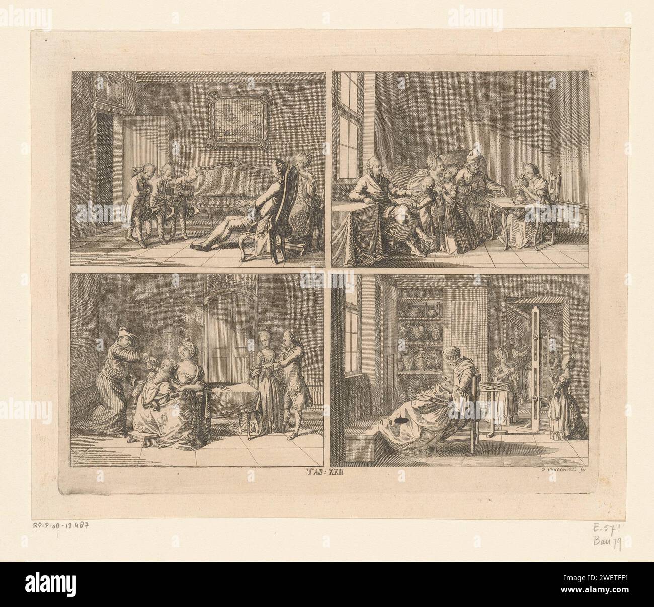 Tratti umani, Daniel Nikolaus Chodowiecki, 1769 stampa quattro scene che raffigurano tratti umani. Sopra tre ragazzi che si inchinano ai loro genitori (esempio di gratitudine) e bambini che mostrano i loro dati di rapporto (esempio di successo). Tra i genitori con un figlio (esempio di matrimonio felice) e un interno con una donna handicappata e i bambini che lavorano su filati da imballaggio (esempio di vita in benessere). Al centro della scheda numerata:. XXII. testina di incisione della carta piegata in avanti; piegata. ritorno a casa da scuola (+ rapporto, segna  scuola). genitori con i loro figli. cucito domestico; riparazione di vestiti Foto Stock