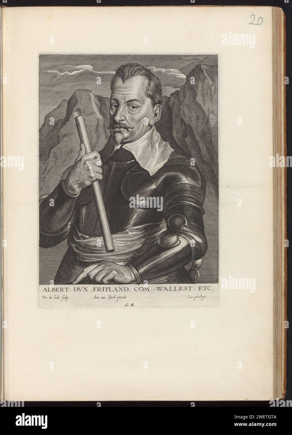 Ritratto di Albrecht von Wallenstein, conte di Friedland, 1645 - 1646 stampa Ritratto di Albrecht von Wallenstein. Indossa un'armatura e nella mano destra tiene un pugno di comando. Rocce sullo sfondo. Questa stampa fa parte di un album. bacchetta per incisione su carta di tipo generale Foto Stock