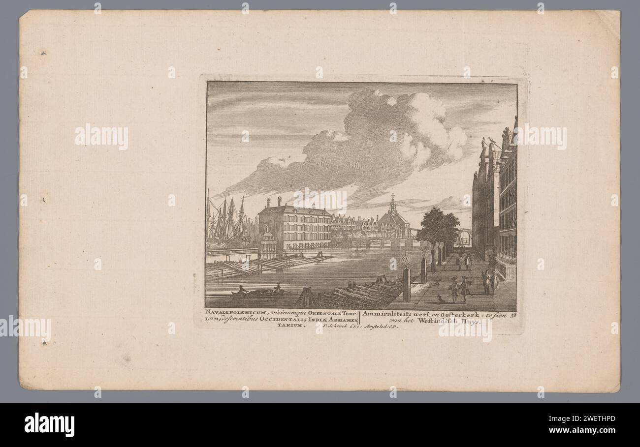 Veduta delle Terre Zeemagazijn (Admiraliteit Wagazijn), l'Admiraliteitwerf e l'Oosterkerk ad Amsterdam, Pieter Schenk (i), 1670 - 1711 stampa Vista delle Terre ZeeMaguzijn, l'Admiraltywerf e l'Oosterkerk dalla West Indian House. architettura civica di incisione della carta; edifici; abitazioni. molo, banchina, molo Oosterkerk. Ammiragliato Foto Stock