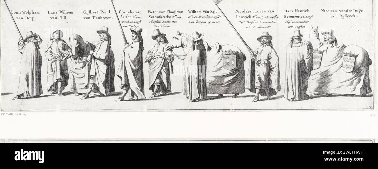 La processione funebre di Frederik Hendrik (targa n. 14), 1647, Pieter Nolpe, dopo Pieter Jansz. Post, 1651 stampare la processione funebre del titolare Frederik Hendrik a l'Aia il 10 maggio 1647. Targa n.. 14 con parte della processione con portatori di stendardo e tre cavalli, sopra il popolo ci sono il loro nome e la loro funzione. Parte di una serie di 30 lastre e 20 riviste di testo, destinate ad essere attaccate insieme. corteo di incisione/incisione su carta, processione funebre Foto Stock
