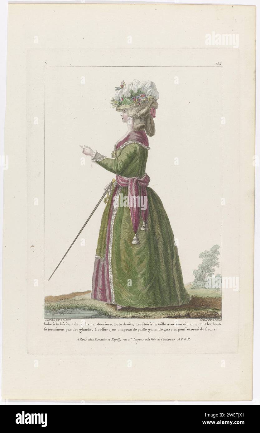 Gallerie des modes et costumes francais, 1779, V 124: levit dress (...), 1779 donna in piedi vestita con una "Robe à la Lévite" con due pieghe al centro, che sono tenute insieme alla vita da una sciarpa con pennelli. Sui capelli alti un cappello di paglia, guarnito con "sguardo e pouf" e decorato con fiori. Nella mano destra un bastoncino da passeggio con un pulsante dorato. Stampa dalla serie V. 21st Cahier de Costumes French, 15th Suite d'Habillemens à la Mode e 1779, gallerie des Modes et Costumes French. lastre di moda per incisioni in carta. bastone da passeggio, personale, bastone da passeggio (+ vestiti da donna). abito, abito: Foto Stock