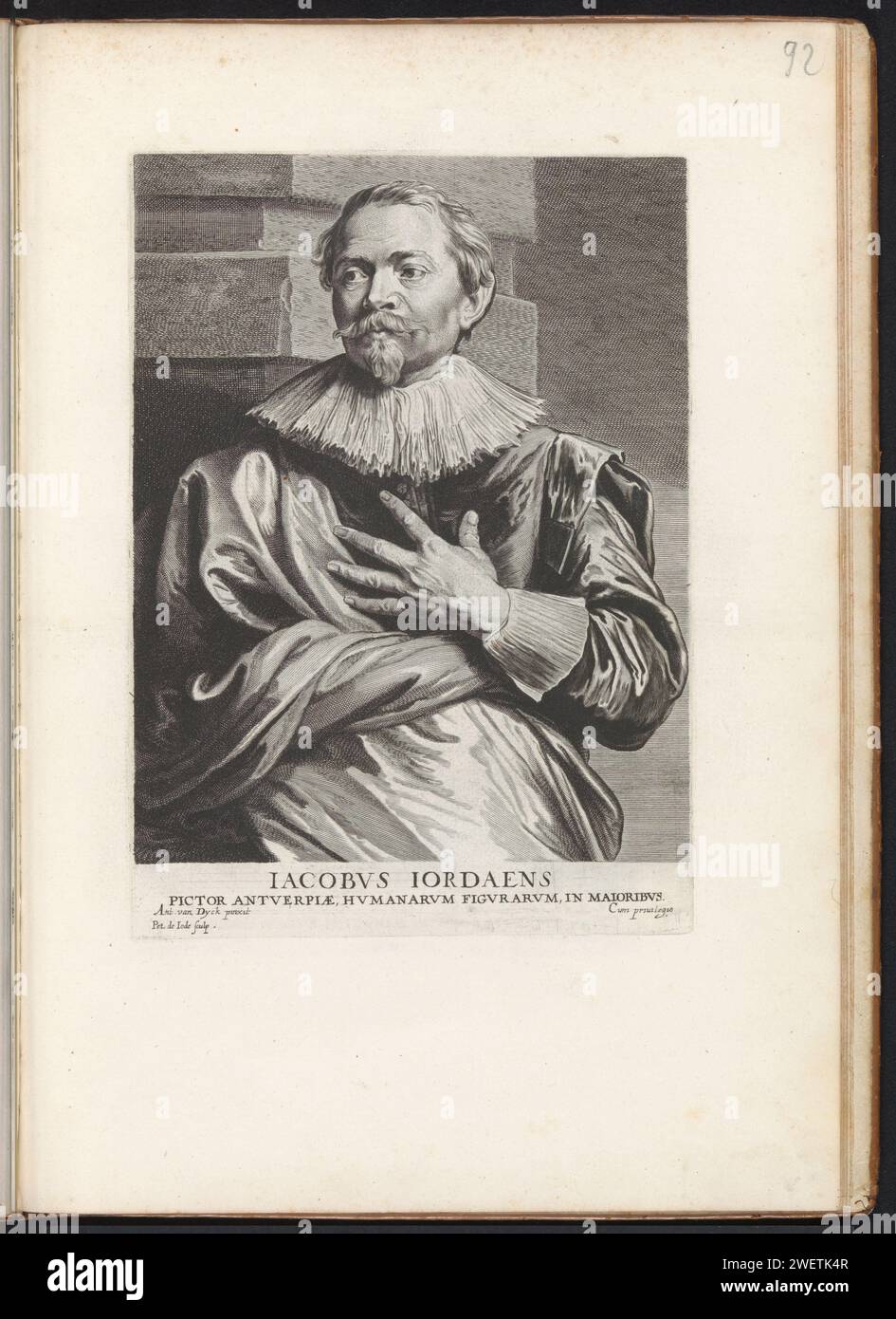 Ritratto dell'artista Jacques Jordaens, 1645 - 1646 stampa Ritratto dell'artista Jacob Jordaens. Tiene la mano sinistra contro il petto. Questa stampa fa parte di un album. ritratto con incisione su carta, autoritratto del pittore Foto Stock