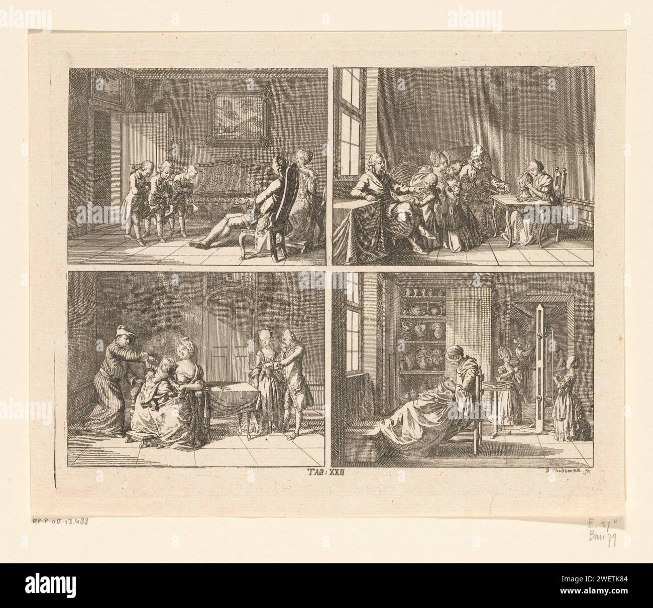 Tratti umani, Daniel Nikolaus Chodowiecki, 1769 stampa quattro scene che raffigurano tratti umani. Sopra tre ragazzi che si inchinano ai loro genitori (esempio di gratitudine) e bambini che mostrano i loro dati di rapporto (esempio di successo). Tra i genitori con un figlio (esempio di matrimonio felice) e un interno con una donna handicappata e i bambini che lavorano su filati da imballaggio (esempio di vita in benessere). Al centro della scheda numerata:. XXII. testina di incisione della carta piegata in avanti; piegata. ritorno a casa da scuola (+ rapporto, segna  scuola). genitori con i loro figli. cucito domestico; riparazione di vestiti Foto Stock