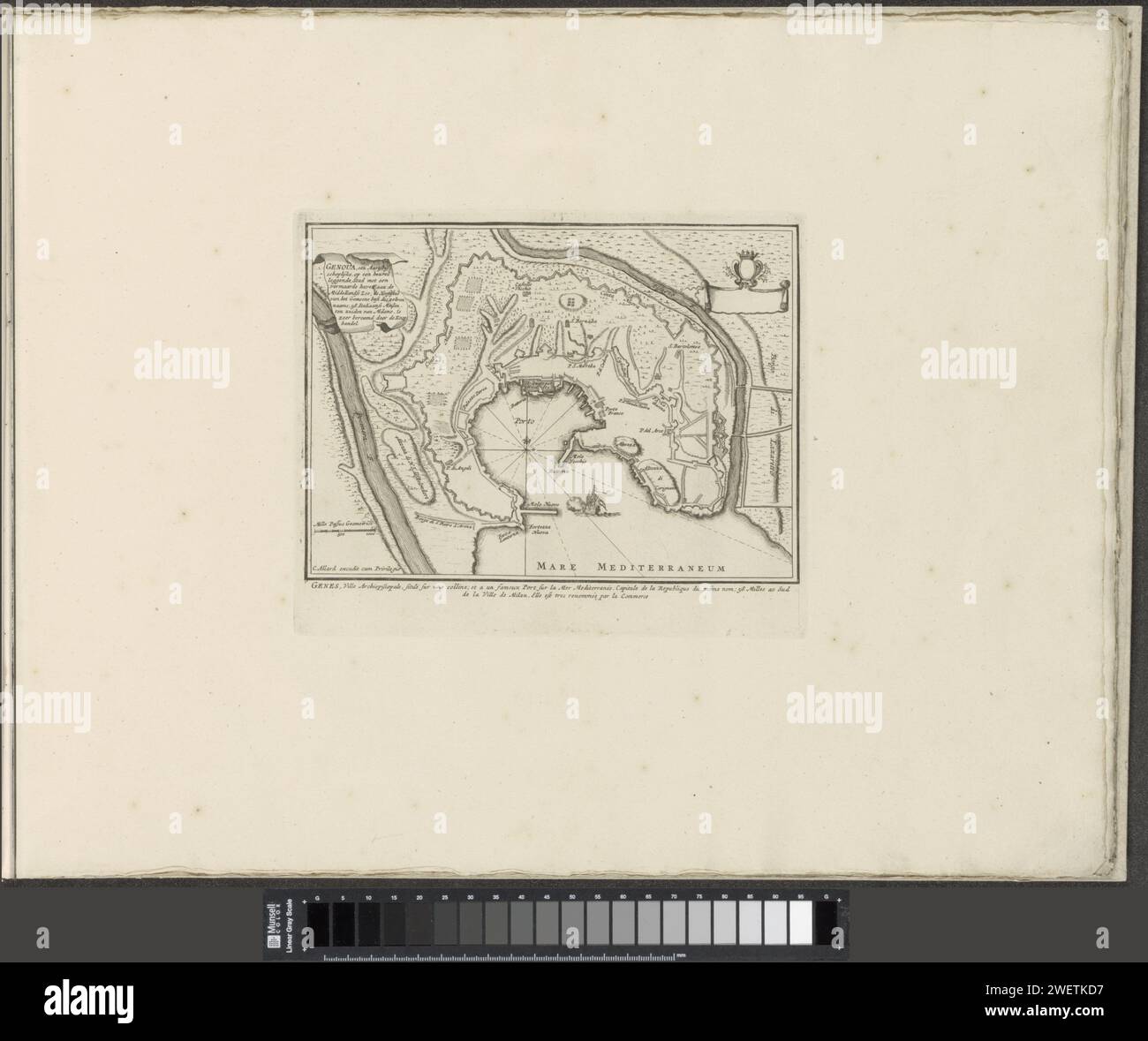 Mappa di Genova, 1701 - 1733 Stampa mappa di Genova. Con testi in olandese e francese. La stampa fa parte di un album. Mappe cartacee delle città ginocchio Foto Stock
