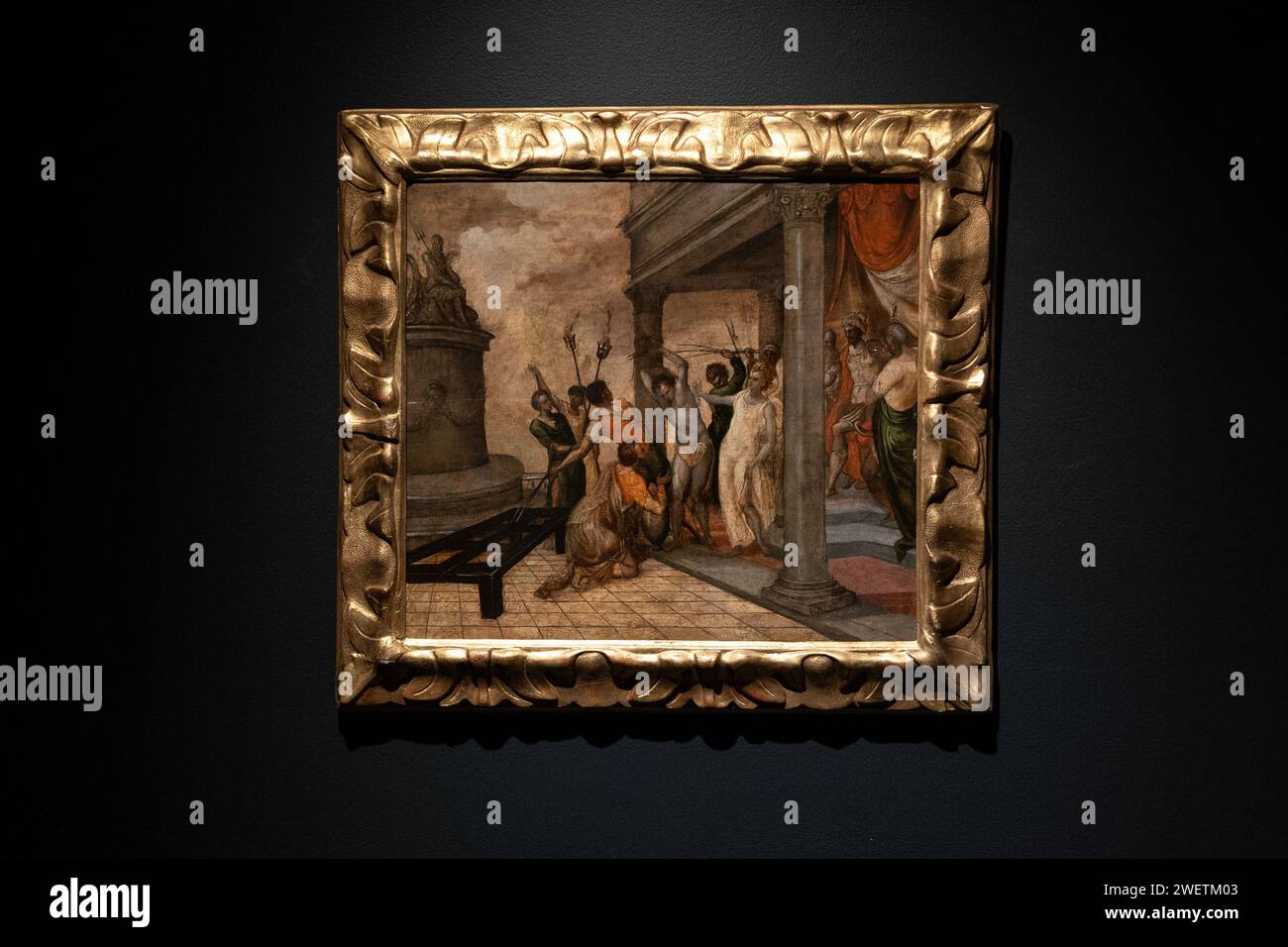 New York, USA. 26 gennaio 2024. Dipinto di El Greco 'Martirio di San Lorenzo' messo all'asta come parte delle vendite della Sotheby's Annual Masters Week al Sotheby's di New York durante un'anteprima stampa il 26 gennaio 2024. (Foto di Lev Radin/Sipa USA) credito: SIPA USA/Alamy Live News Foto Stock