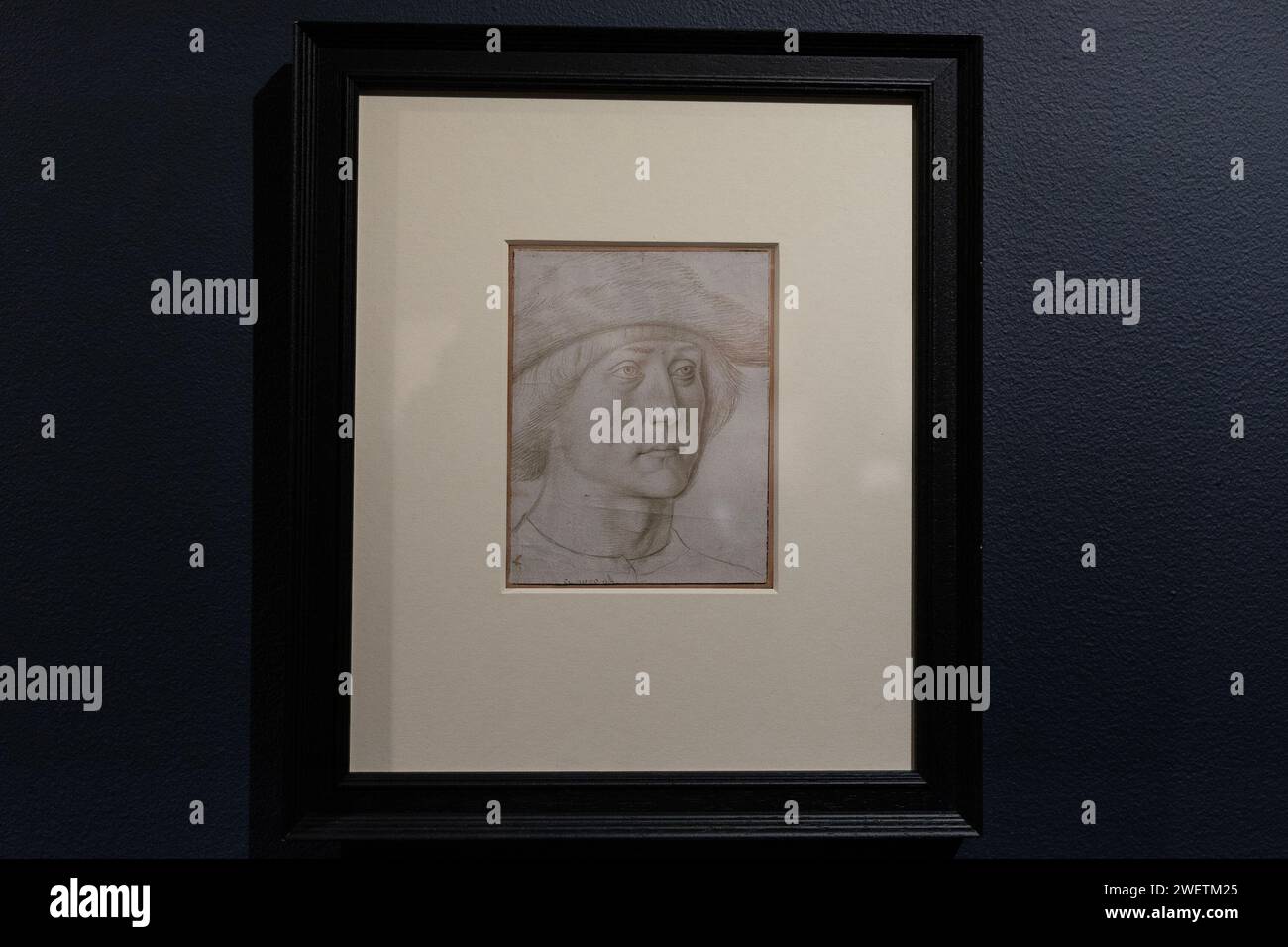 New York, USA. 26 gennaio 2024. Disegno "Portrait of a Man" della scuola olandese del XV secolo, messo all'asta come parte delle vendite della Sotheby's Annual Masters Week al Sotheby's di New York durante un'anteprima stampa il 26 gennaio 2024. (Foto di Lev Radin/Sipa USA) credito: SIPA USA/Alamy Live News Foto Stock