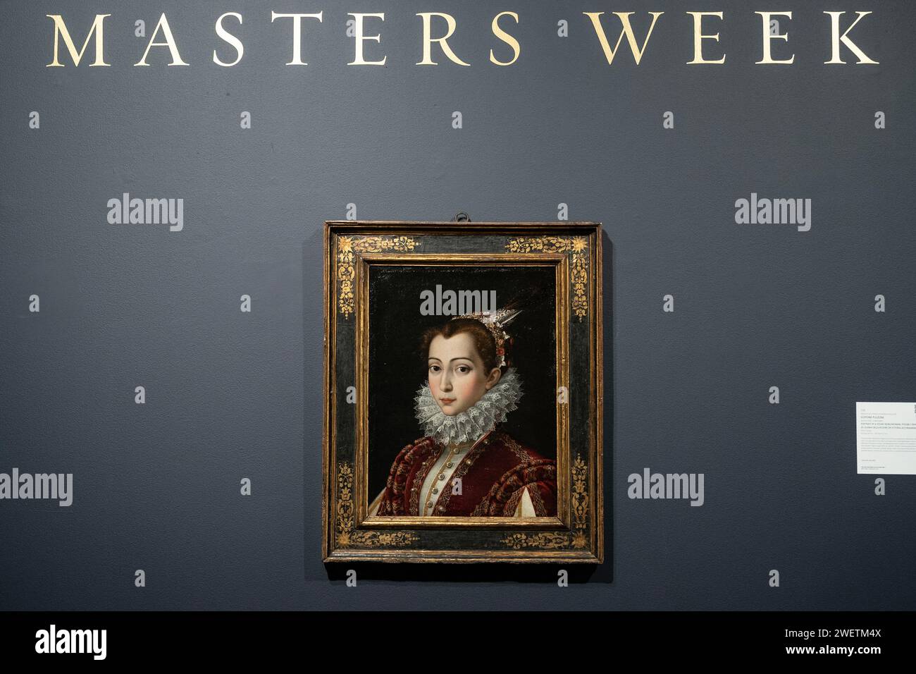 New York, USA. 26 gennaio 2024. Ritratto di una giovane nobildonna di Scipione Pulzone messo all'asta nell'ambito delle vendite della Sotheby's Annual Masters Week al Sotheby's di New York durante un'anteprima stampa il 26 gennaio 2024. (Foto di Lev Radin/Sipa USA) credito: SIPA USA/Alamy Live News Foto Stock