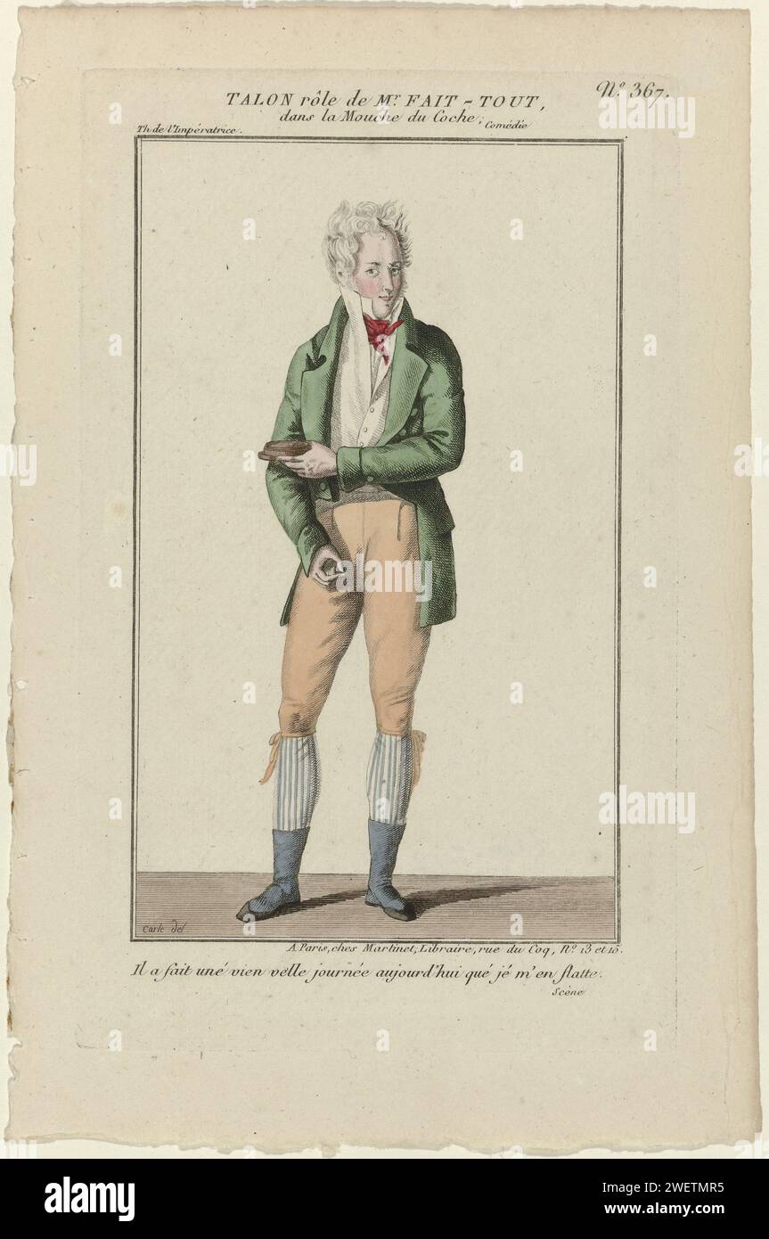 Small Dramatic Gallery, 1796-1843, No. 367: Talon ruolo del SIGNOR LIBRO (...), 1796-1843 Costume dell'attore Talon nel ruolo del signor fait-Tout nella commedia 'la Mouche du Coche', eseguita in 'Théâtre de l'imrératrice'. Frrak, gilet, pantaloni al ginocchio. Cravate. Calze a righe. Slobbouses e scarpe. Scatola di protezione (?) Nella mano. Stampa dalla rivista Petite Galerie Dramatique ou Recueil de Différents Costumes d'Acteurs des Théâtres de la capitale (1796-1843). Indumenti per collo con incisione in carta  indumenti (CRAVAT) (+ abiti da uomo). attore (sul palco). scarpe, sandali (+ abiti da uomo). pantaloni, pantaloncini, ecc. (BREE Foto Stock