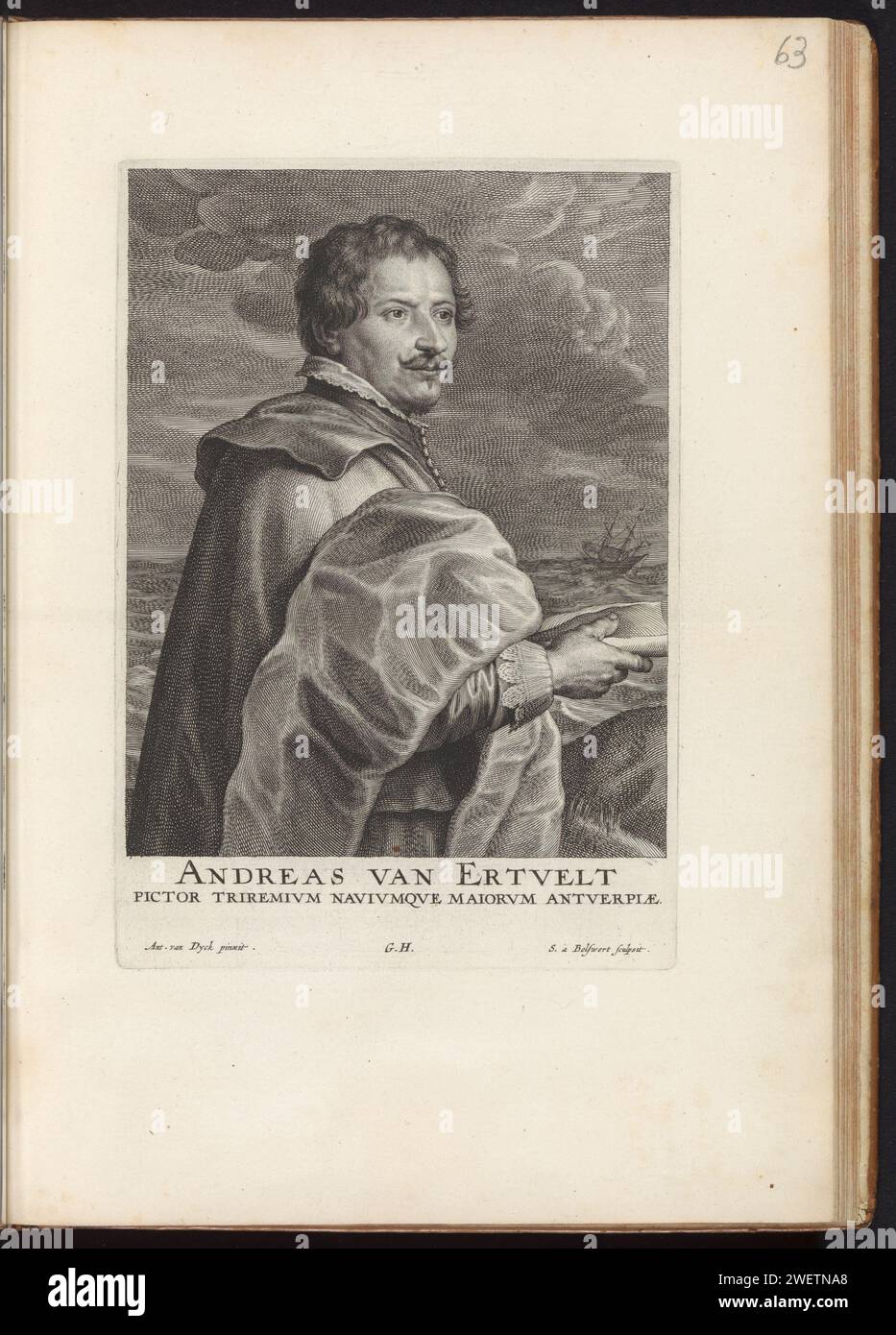 Ritratto del pittore Andries van Eertvelt, 1645 - 1646 stampa questa stampa fa parte di un album. ritratto con incisione su carta, autoritratto del pittore Foto Stock